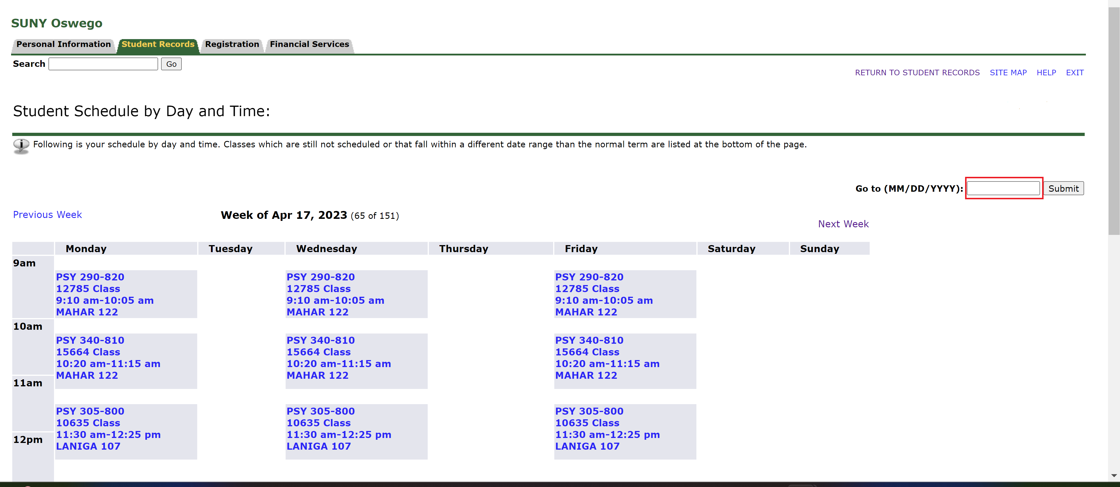 myOswego Screenshot of an example schedule with a red box highlight on &quot;Date&quot; field
