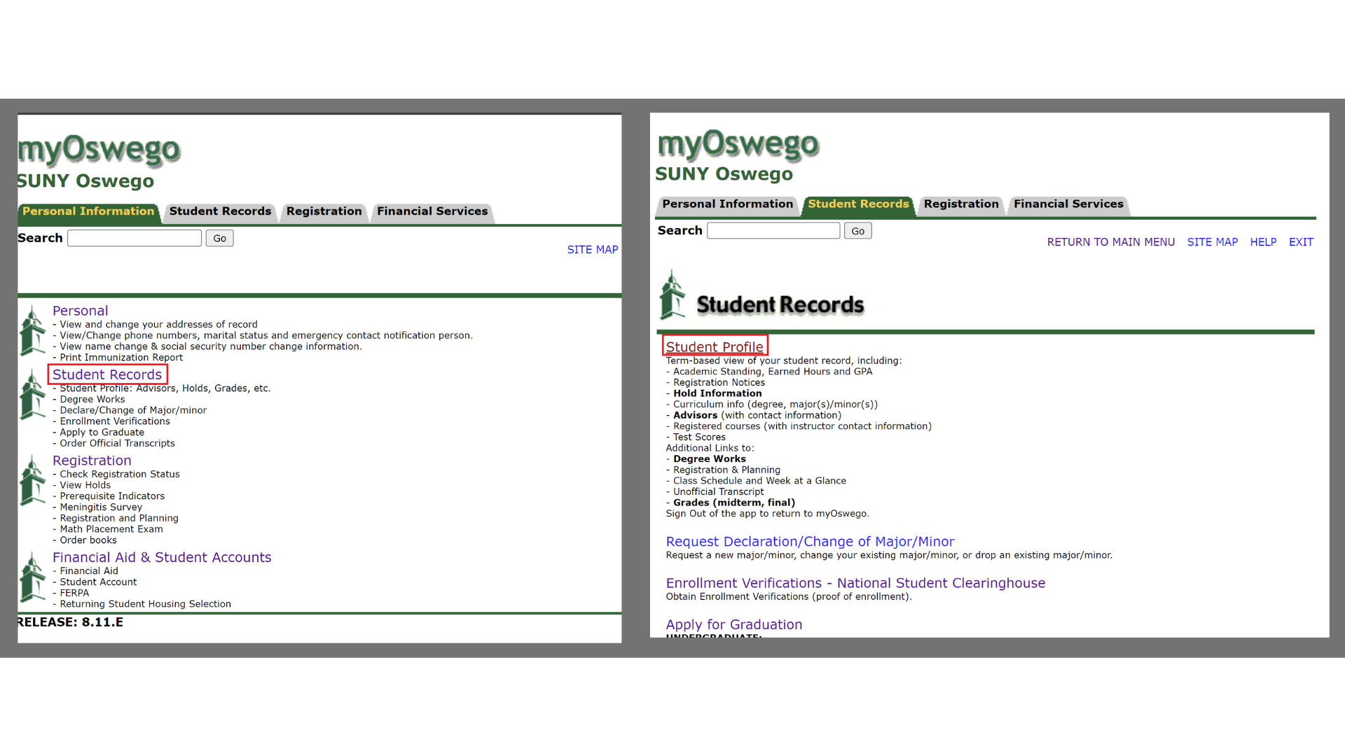 Screenshot of myoswego &quot;Main menu&quot; and &quot;Student's records&quot; tab