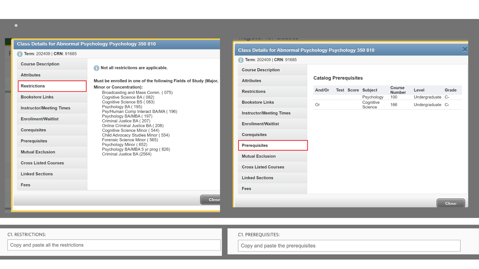 Screenshot of myoswego subjects search page highlighting &quot;prerequisites&quot; and &quot;restrictions&quot;