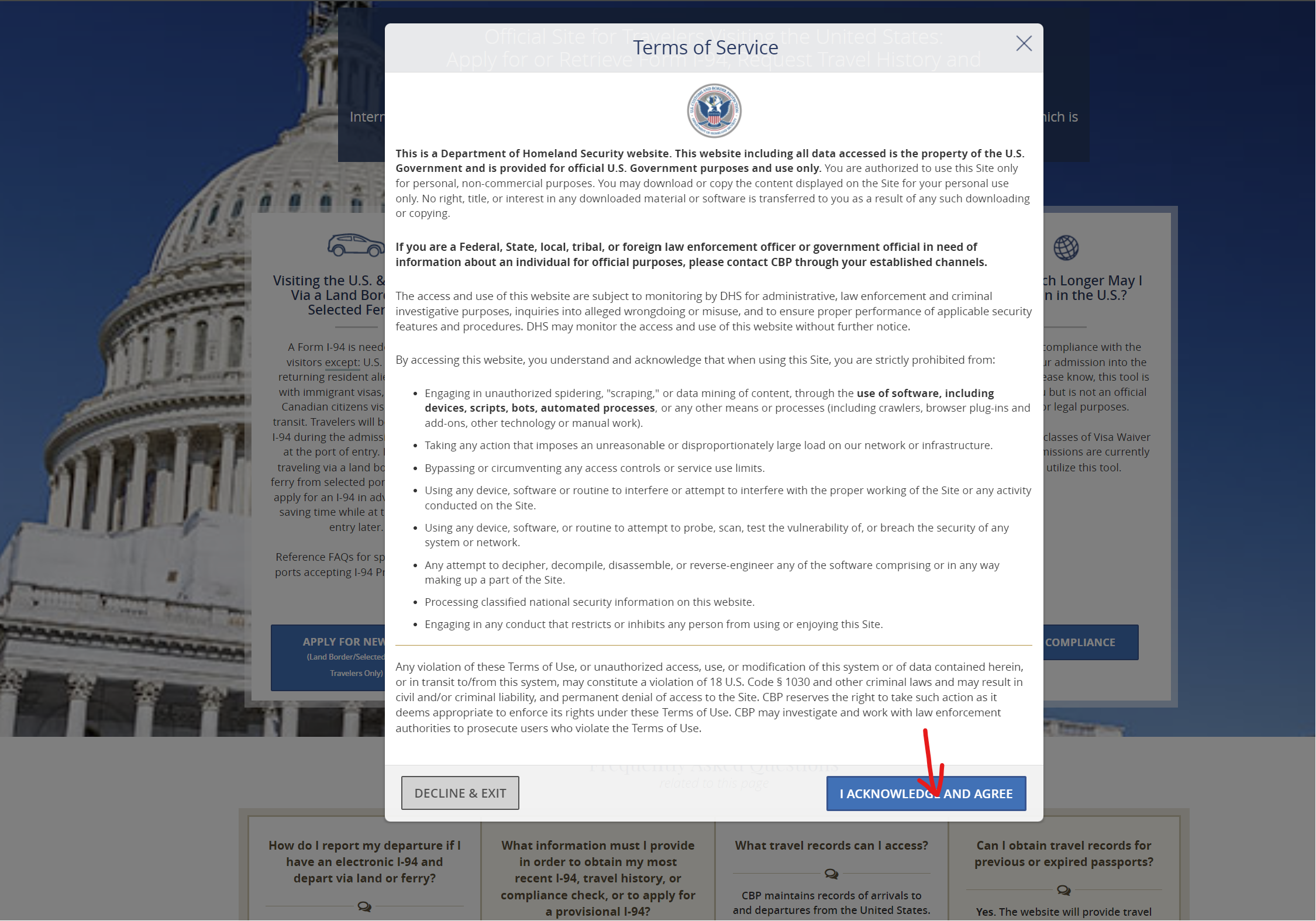 Screenshot of the Department of Homeland Security's website displaying the Terms of Service with an 'I Acknowledge and Agree' button.