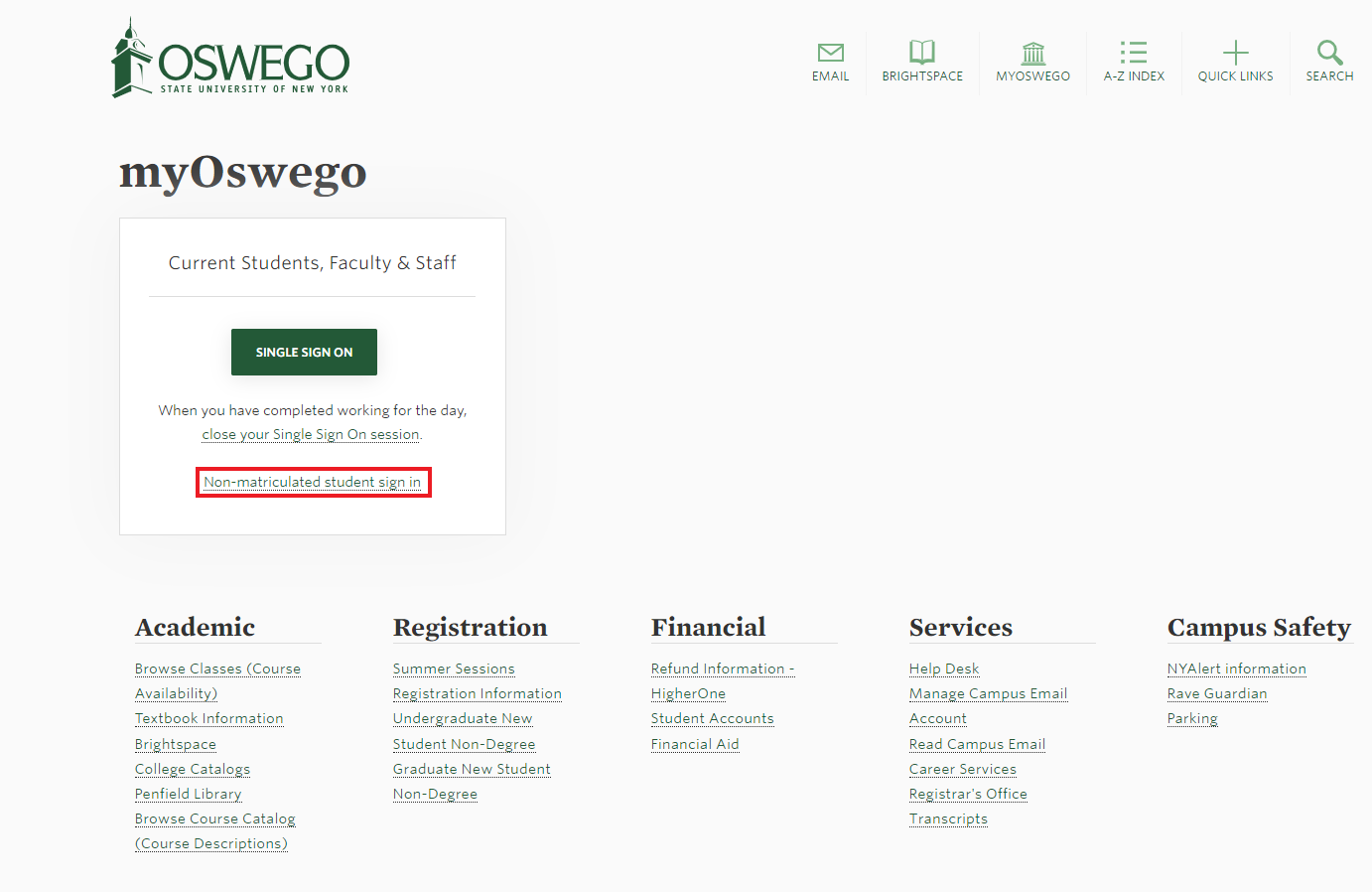 MyOswego sign in page screenshot highlighting &quot;non-matriculated students sign in&quot;