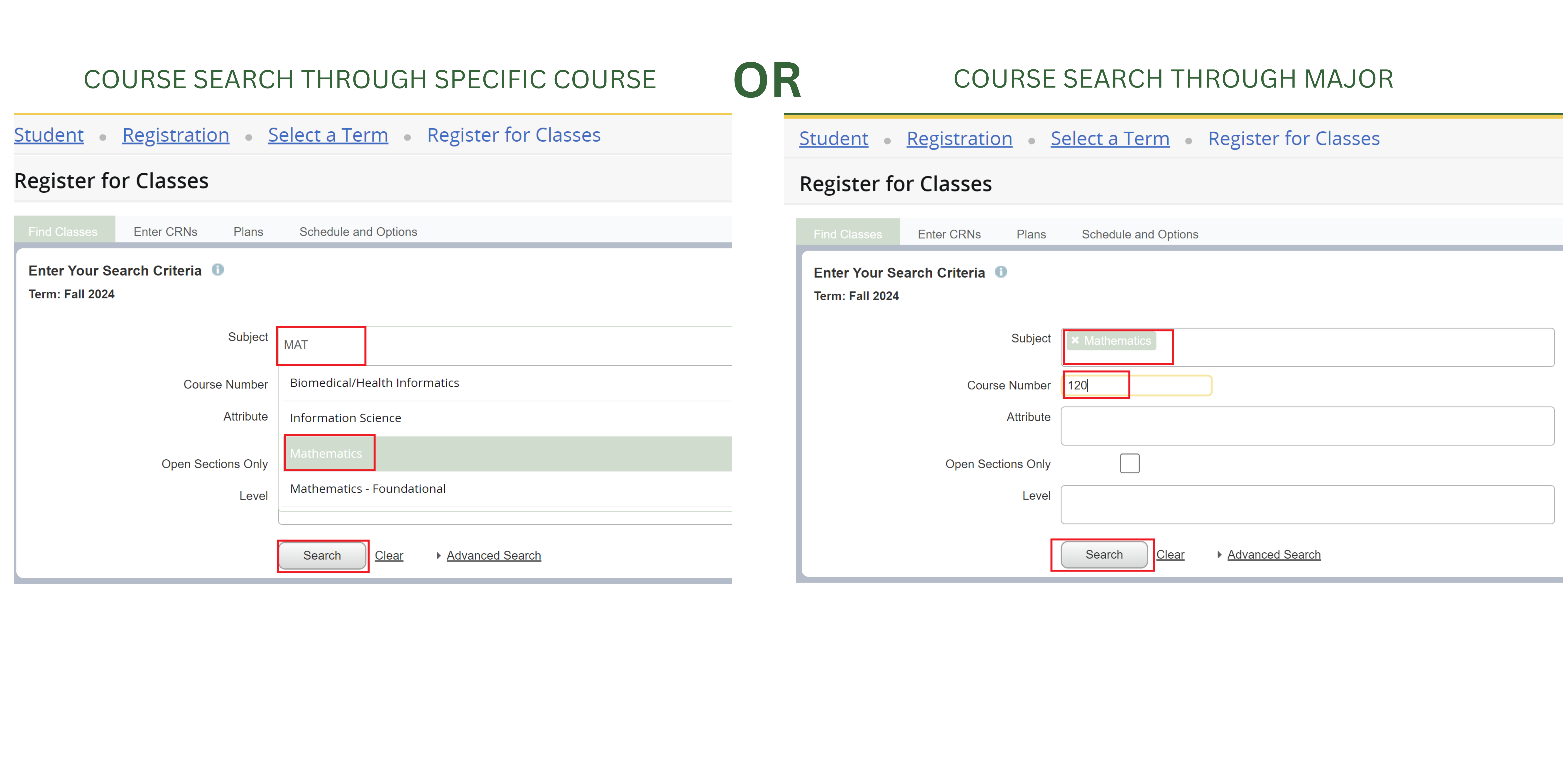 Screenshot of myoswego subjects search page