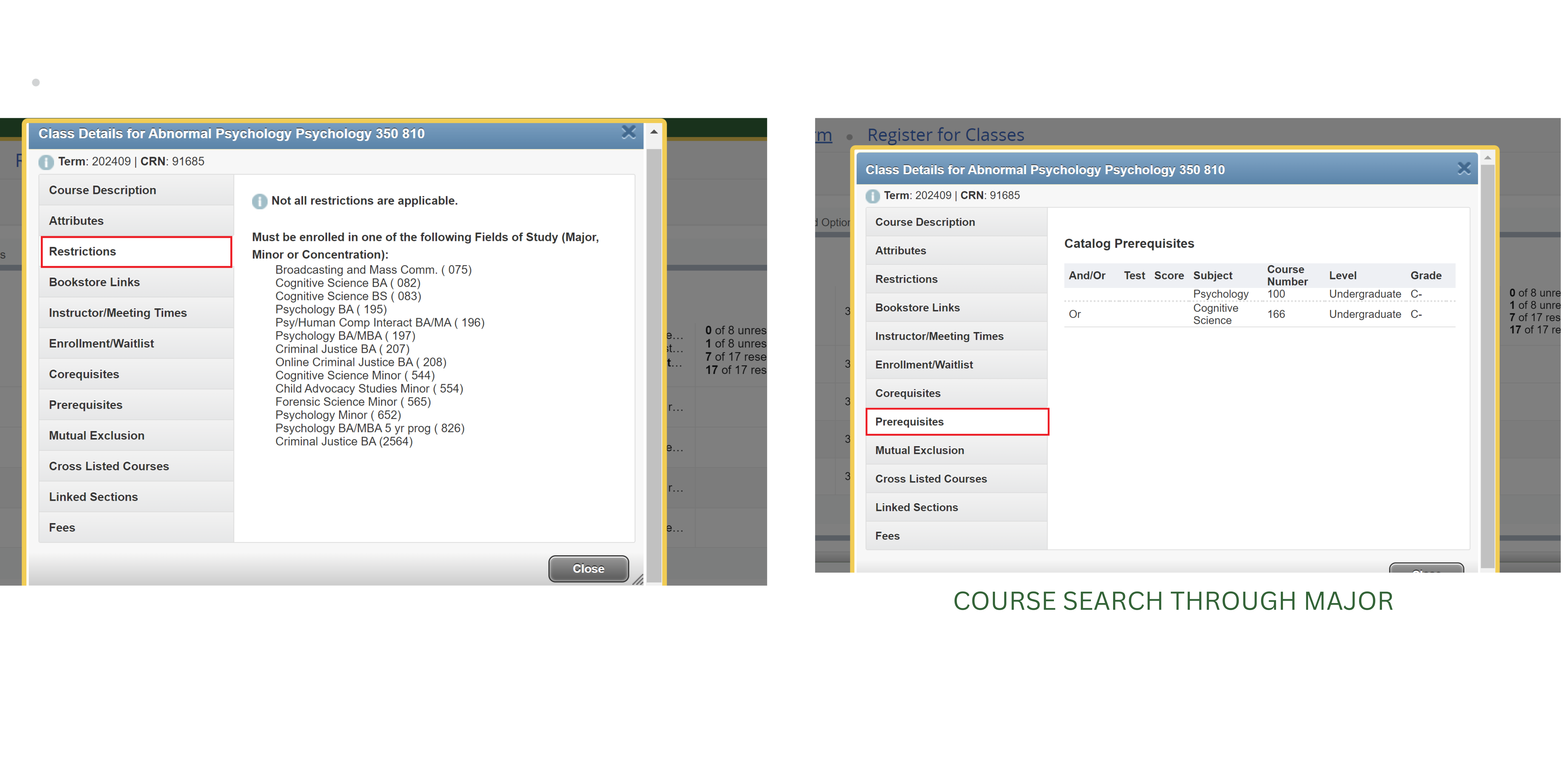 Screenshot of myoswego course page where the restrictions and pre requisites are displayed