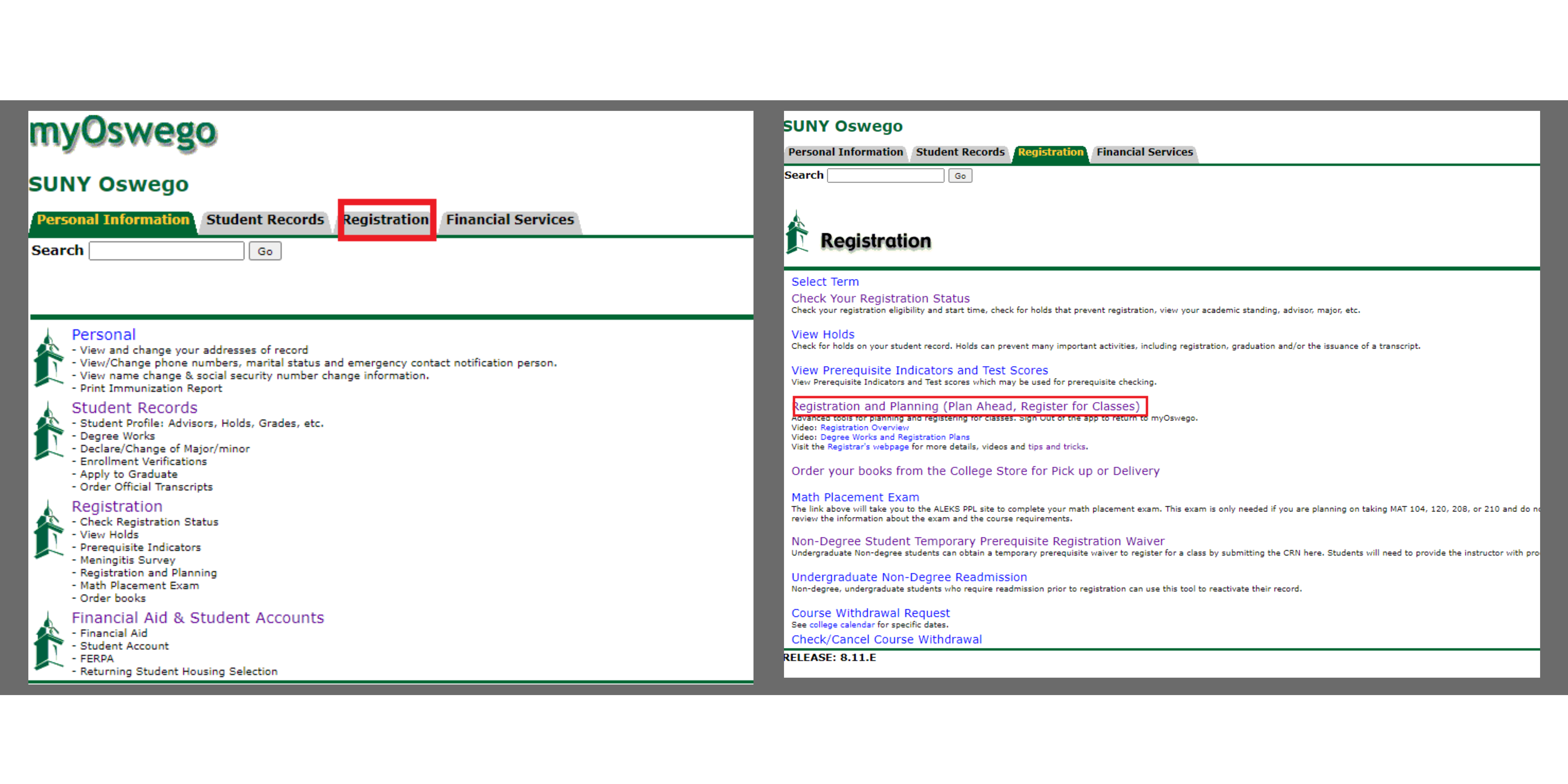 Screenshot of myoswego highlighting registration tab and registration and planning