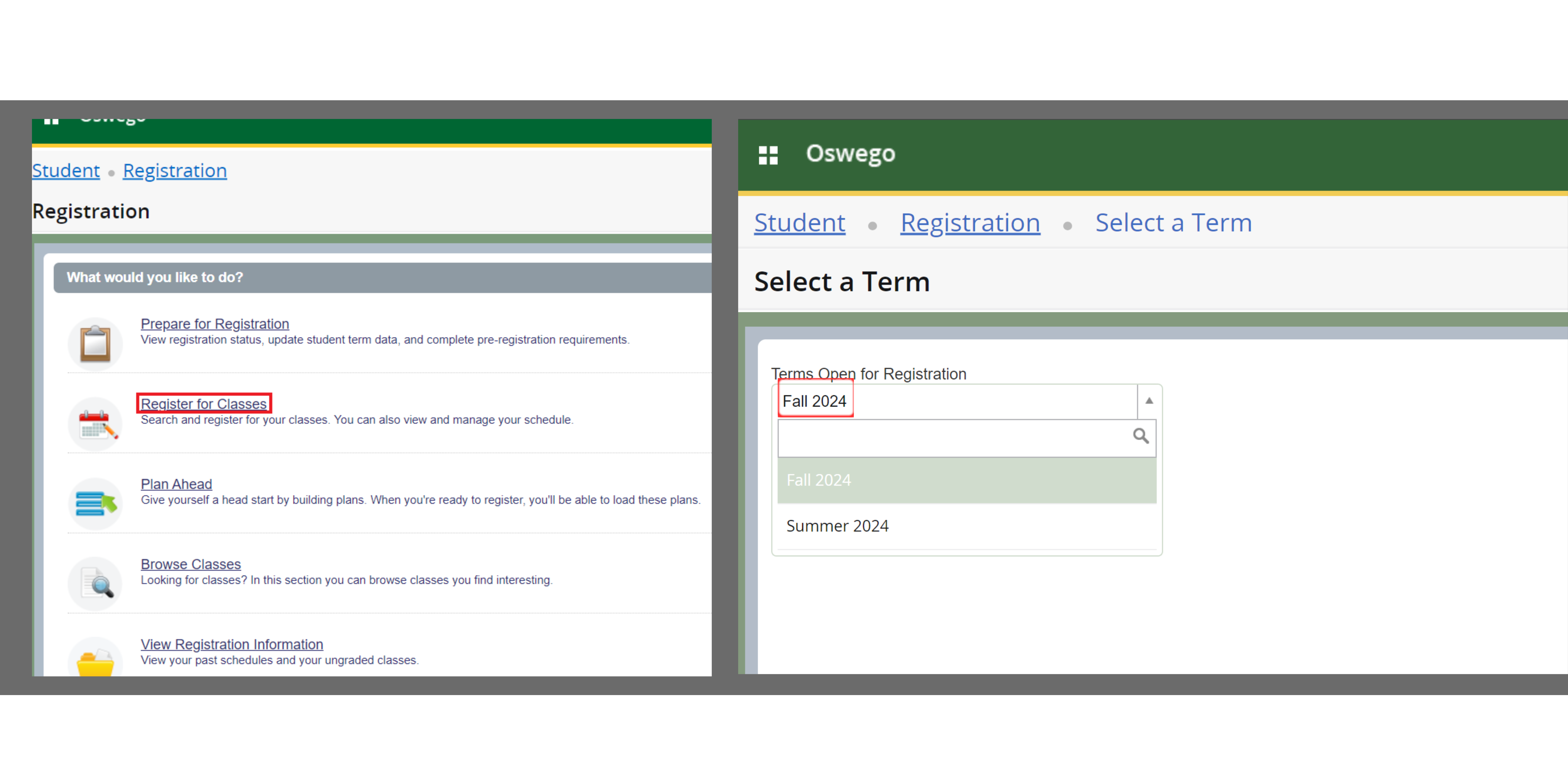 The registration tab of SUNY Oswego including option to register for classes and then to add the semester in the option to proceed