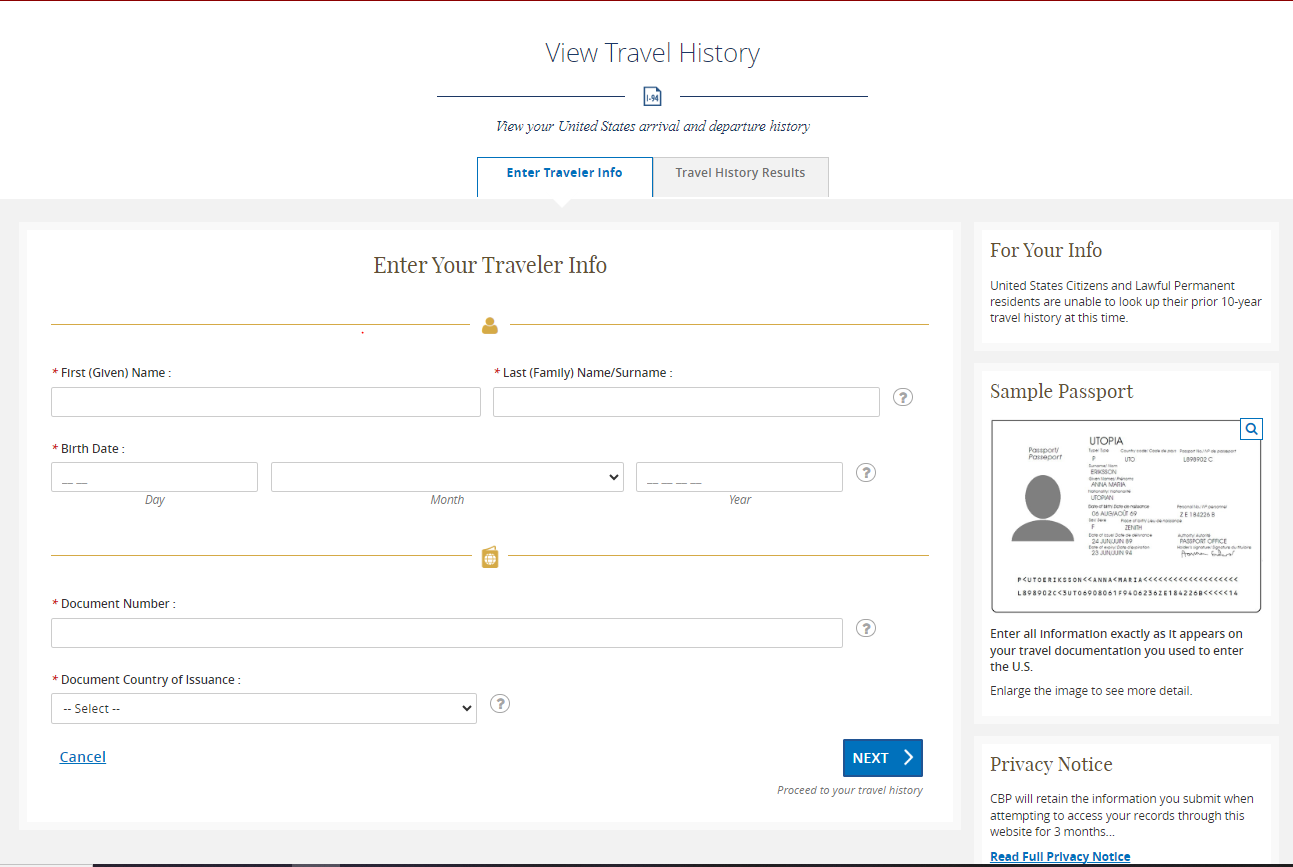 Screenshot of the I-94 website with personal information entry to get travel hitory