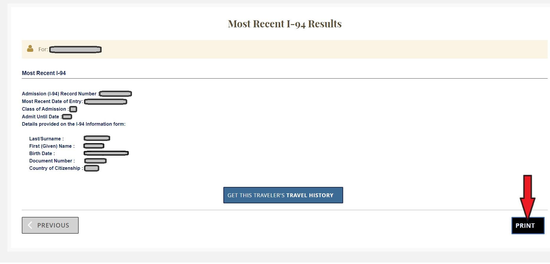 Webpage displaying a completed I-94 form with personal information fields and a 'Print' button highlighted by a red arrow.