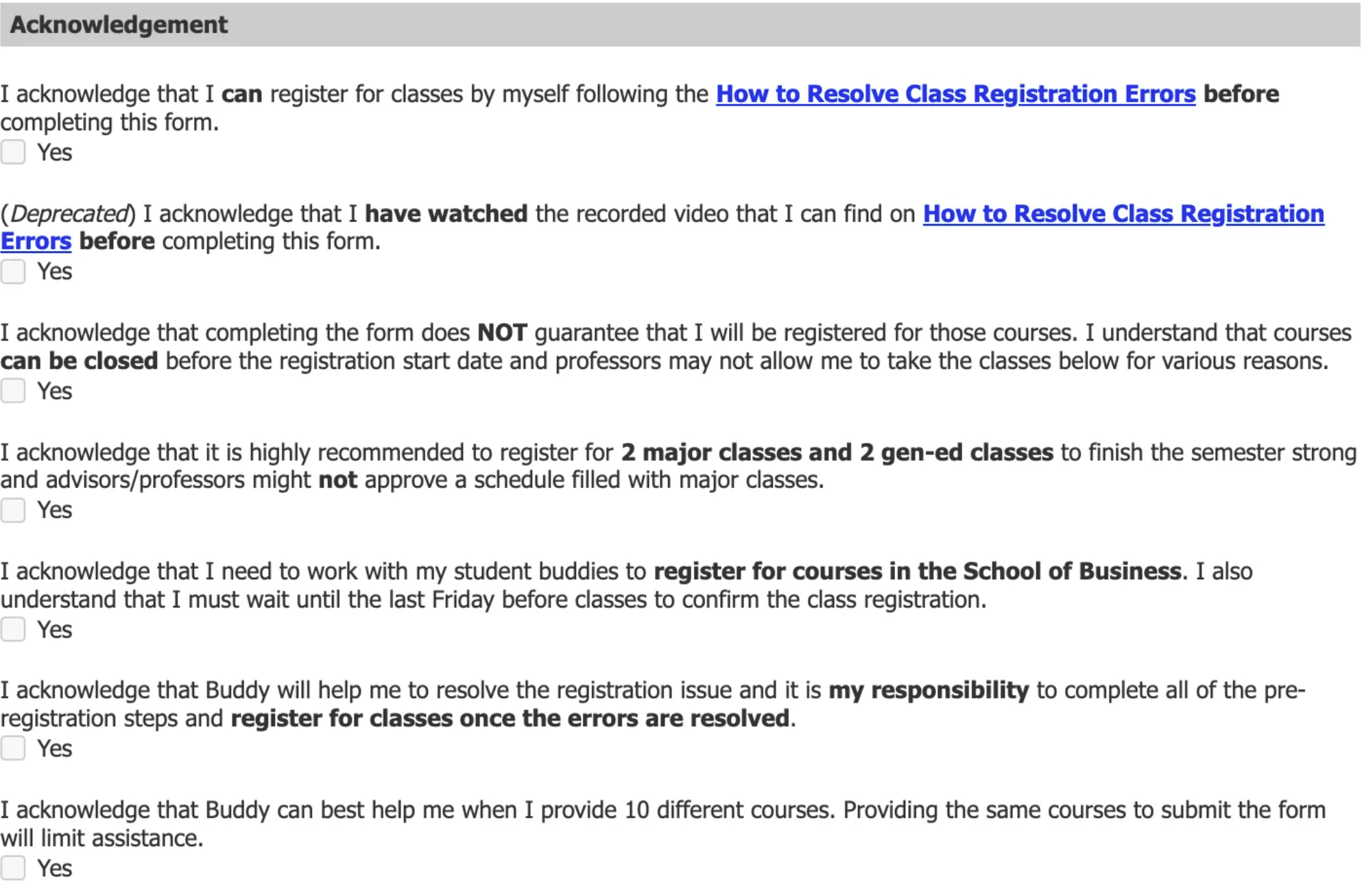  Screenshot showing the acknowledgements layout of the J-1 Class Registration Worksheet.
