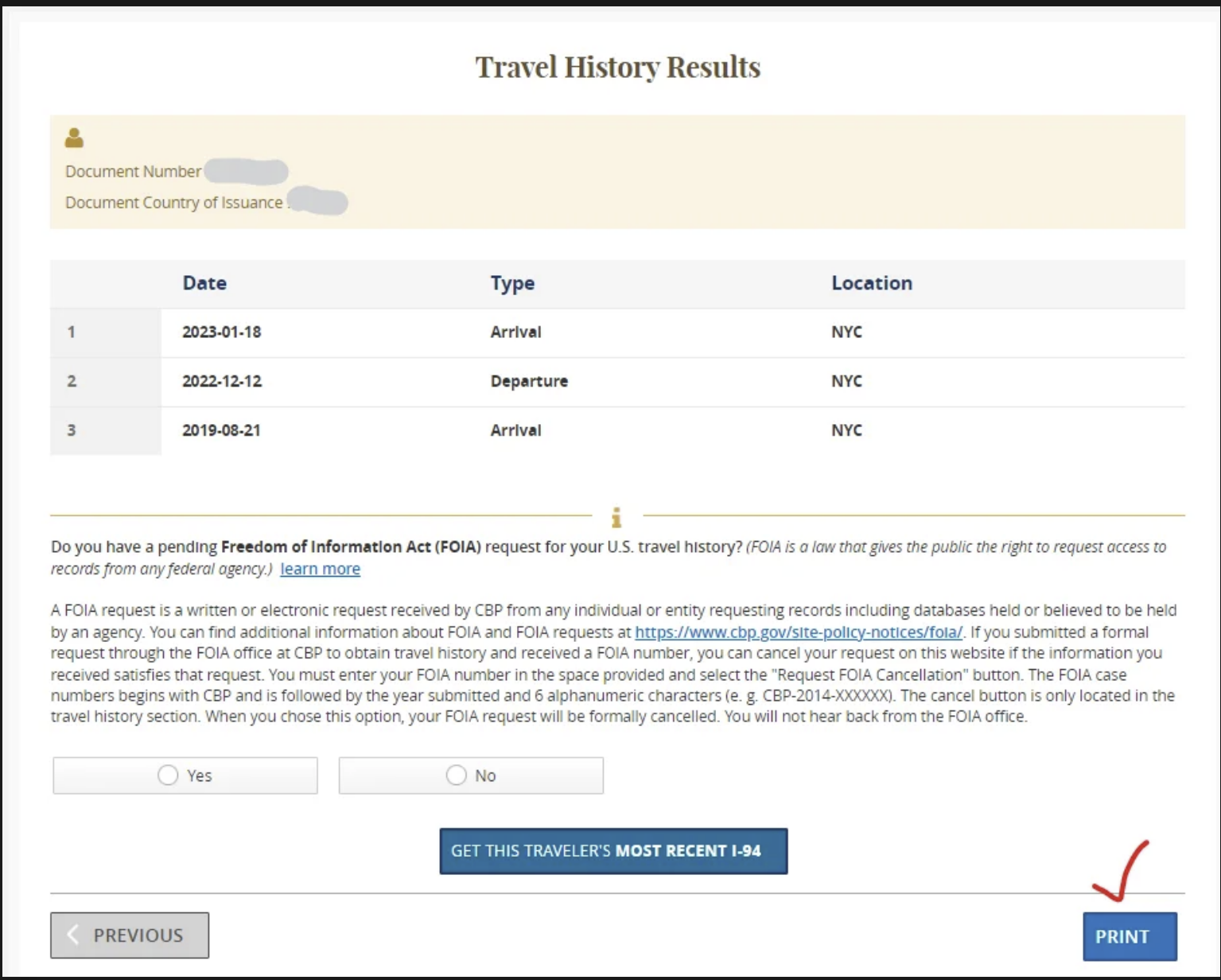 "Screenshot of the official U.S. Customs and Border Protection I-94 website with options to apply for a new I-94, get the most recent I-94, view travel history, and save it..