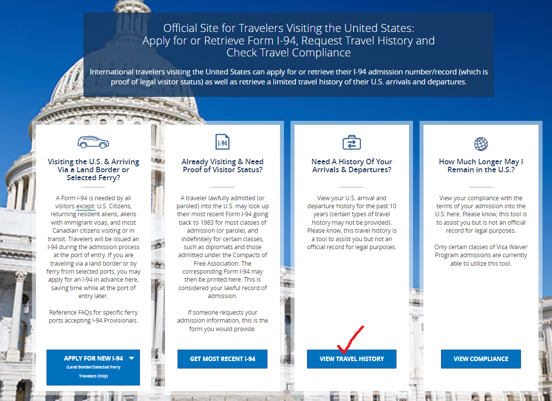 Screenshot of the official U.S. Customs and Border Protection I-94 website with options including view travel history