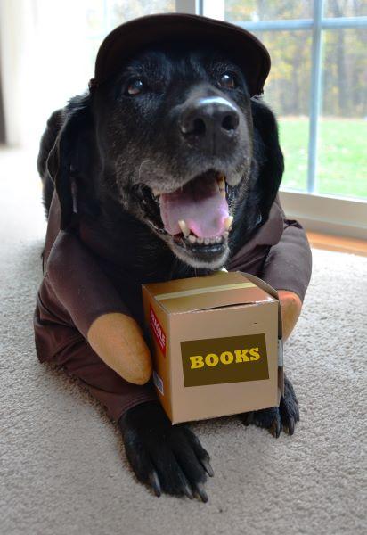 Friendly dog dressed up as a mail carrier, delivering books.