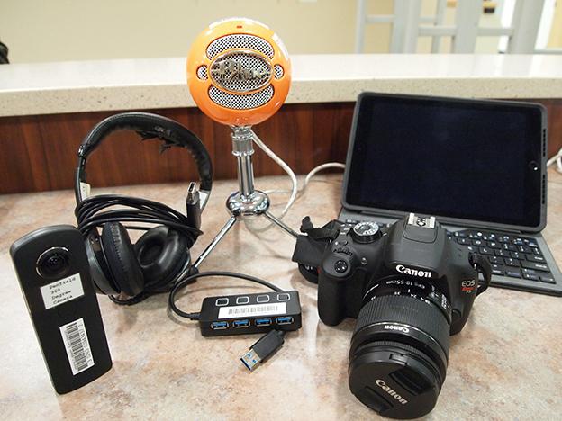 Cameras, headphones, microphones and more that can be checked out from the library. 