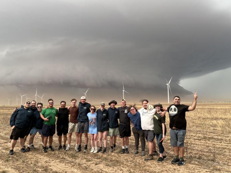 SUNY Oswego storm-chasing students pause (from a safe distance) with a supercell near Tahoka, Texas