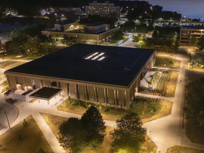Hewitt Hall and the adjacent quad pictured via aerial