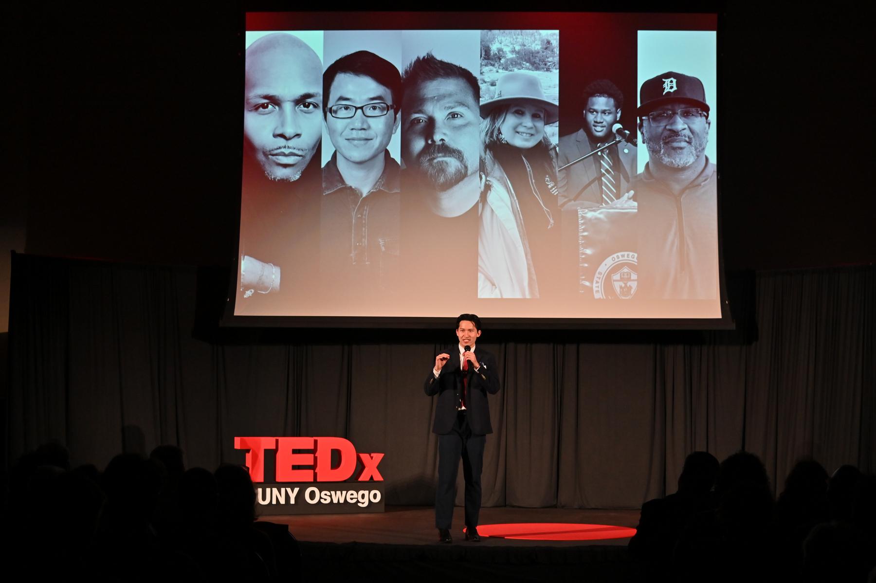 Eason Lee introduces the inaugural TEDxSUNY Oswego in April 2025