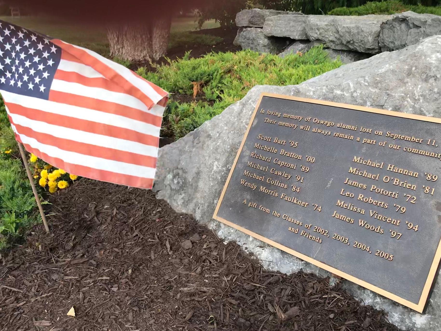 Memorial with names of 12 alumni killed in 9/11 attacks