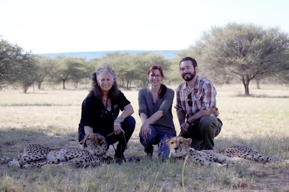 Cinema and screen studies faculty members Tiffany Deater and Jarrod Hagadorn with (at left) Laurie Marker, founder and director of the Cheetah Conservation Fund