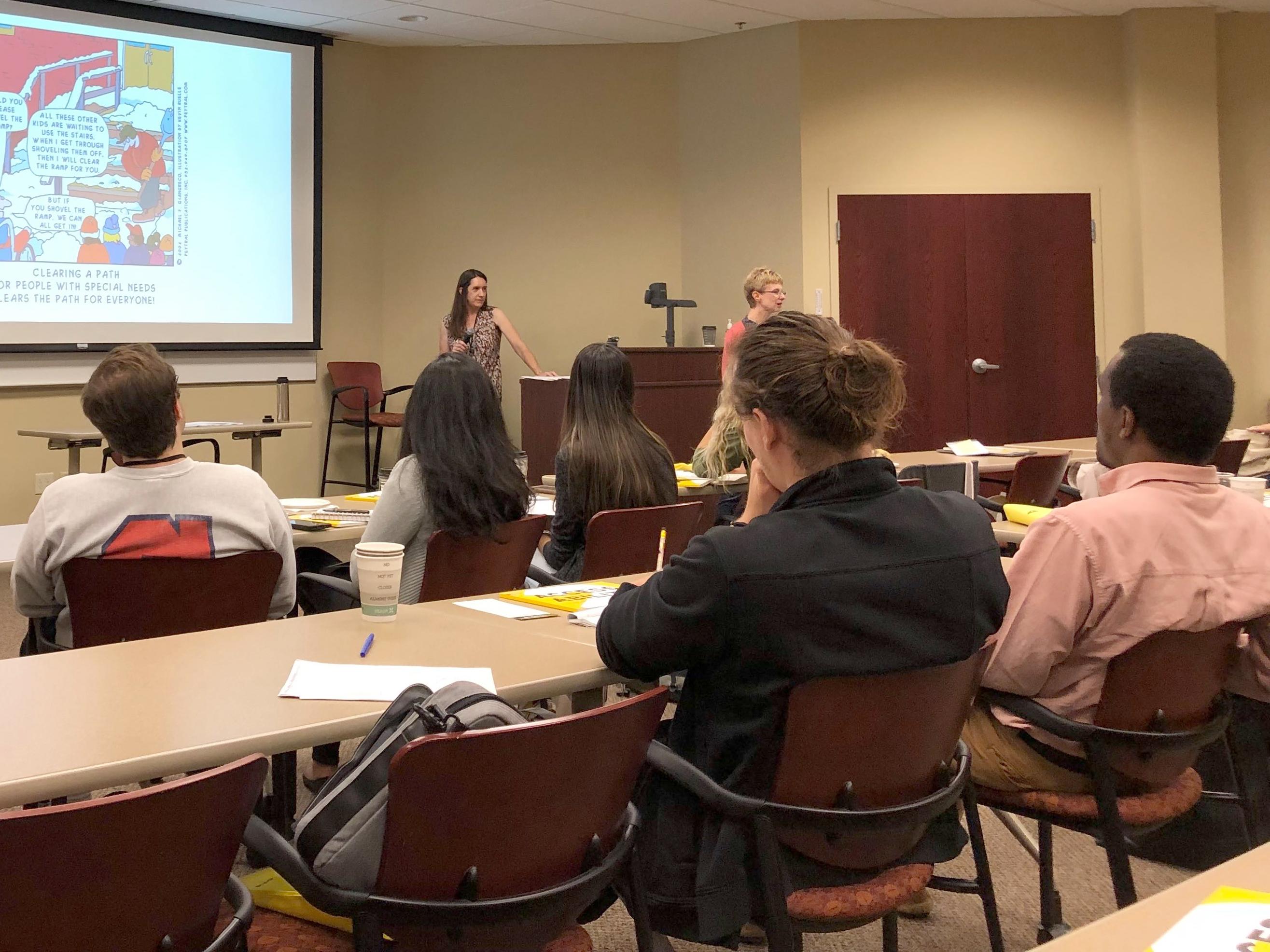 Kate Percival and Rebecca Mushtare lead an on-campus accessibility workshop