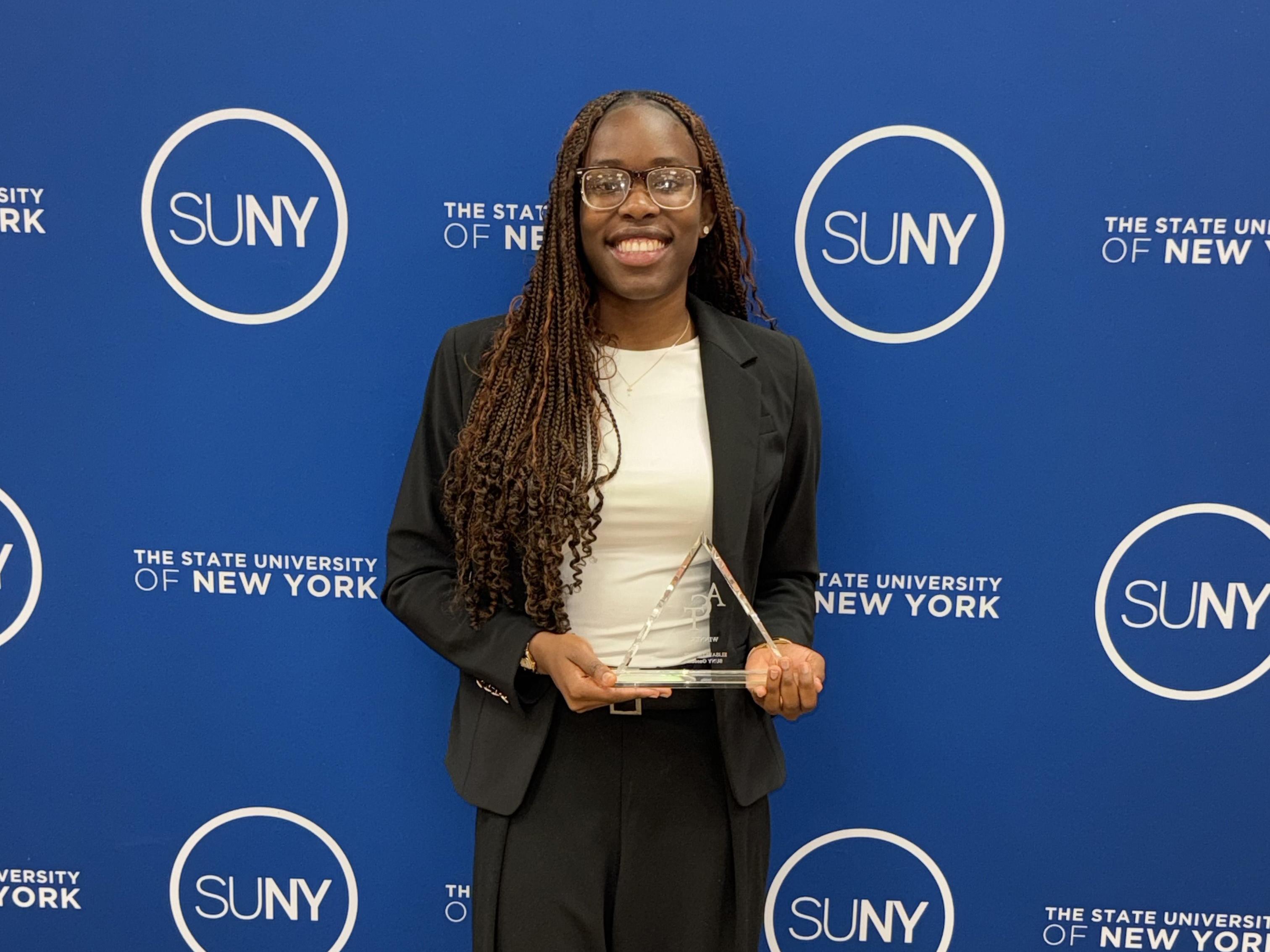 Outstanding continuing service for students throughout the SUNY system recently earned SUNY Oswego Student Association President Oghenetega Adjoh the ACT (Association of Council Members and College Trustees) Scholarship for Excellence + Student Initiative