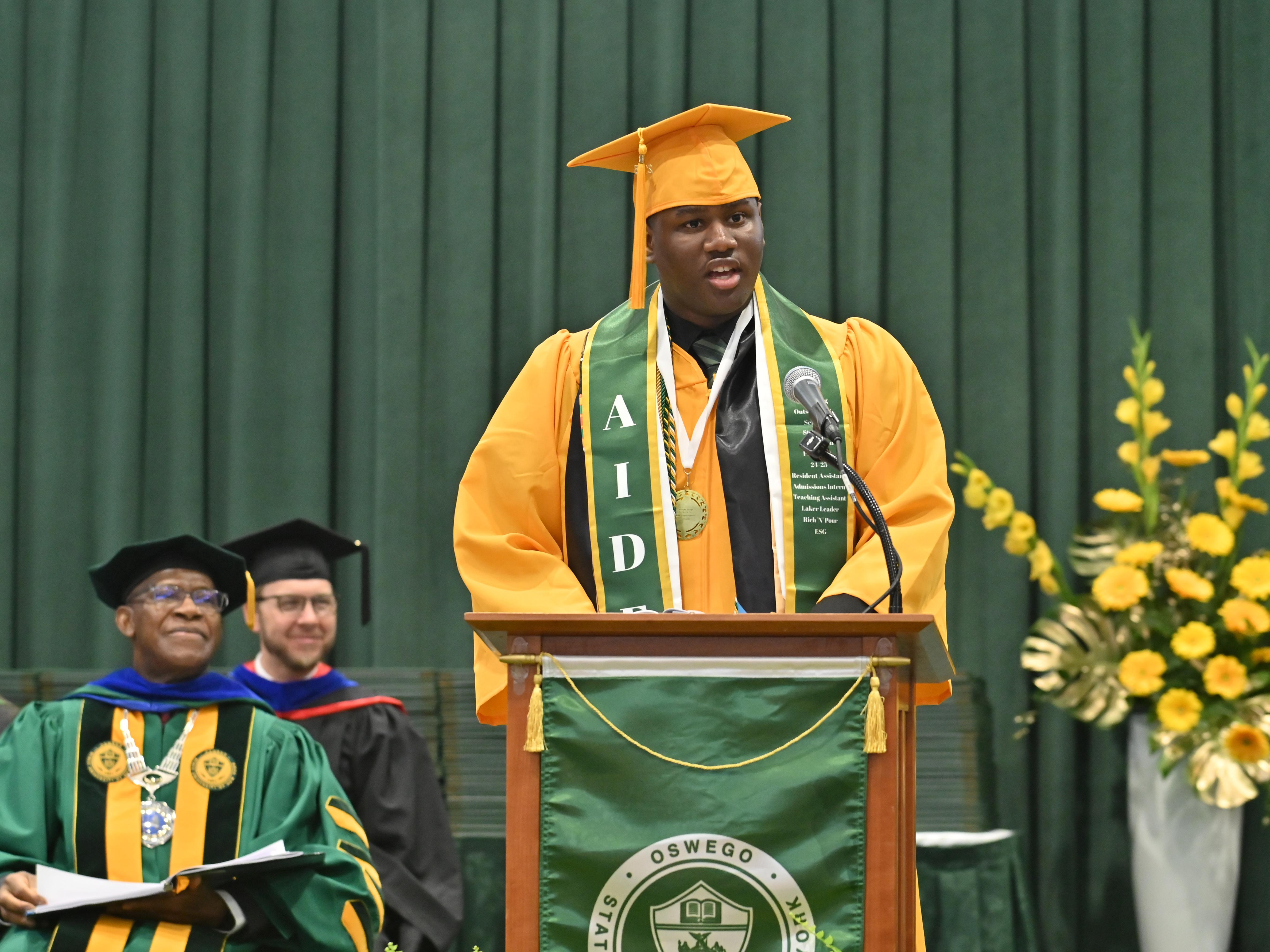Aiden Wilson flourished after coming to SUNY Oswego from The Bahamas, serving as Student Association president and speaking at Commencement ceremonies including his own May 2025 gradauation.