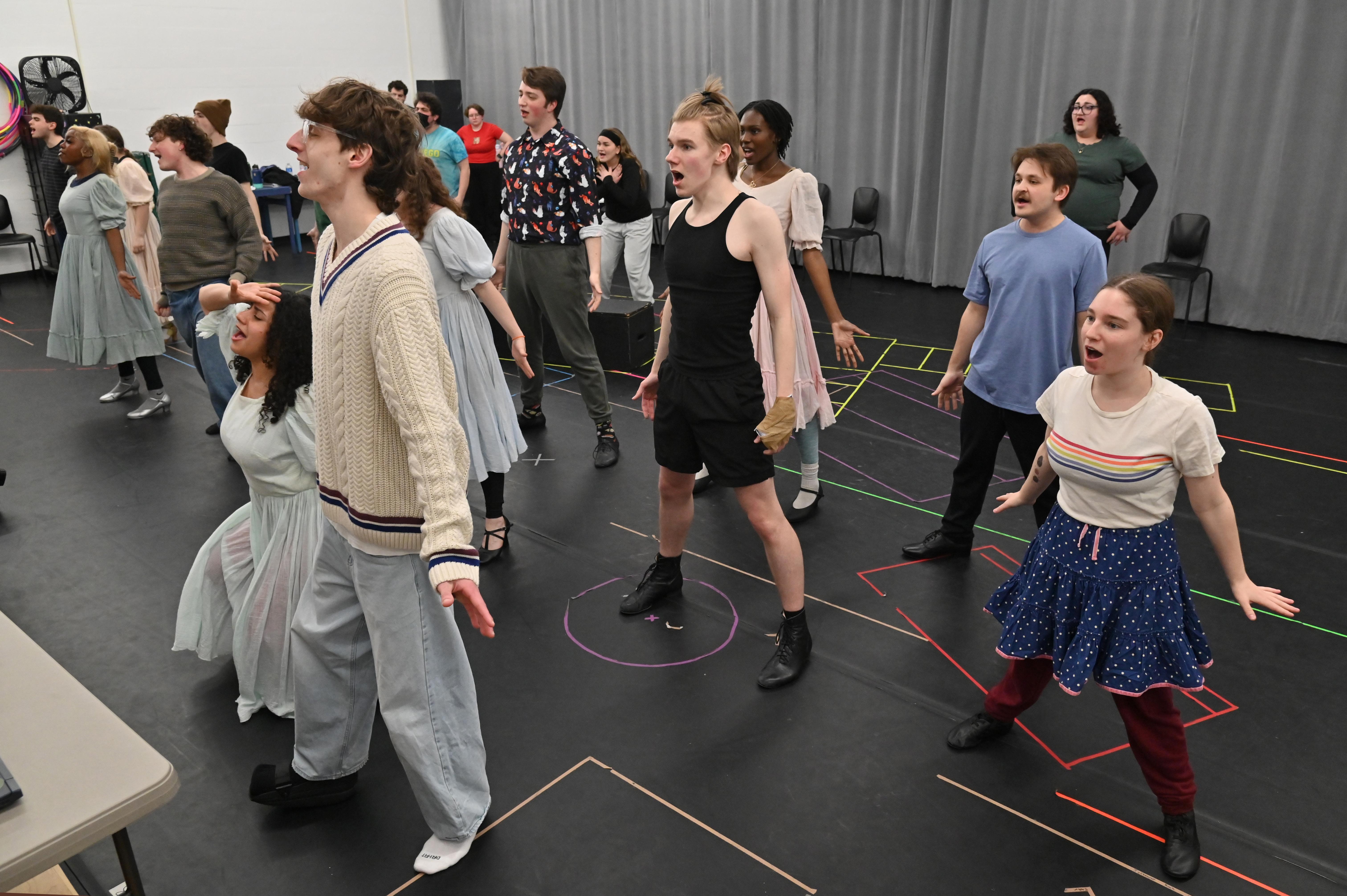 Students work on a musical number in an early rehearsal of "All Shook Up"