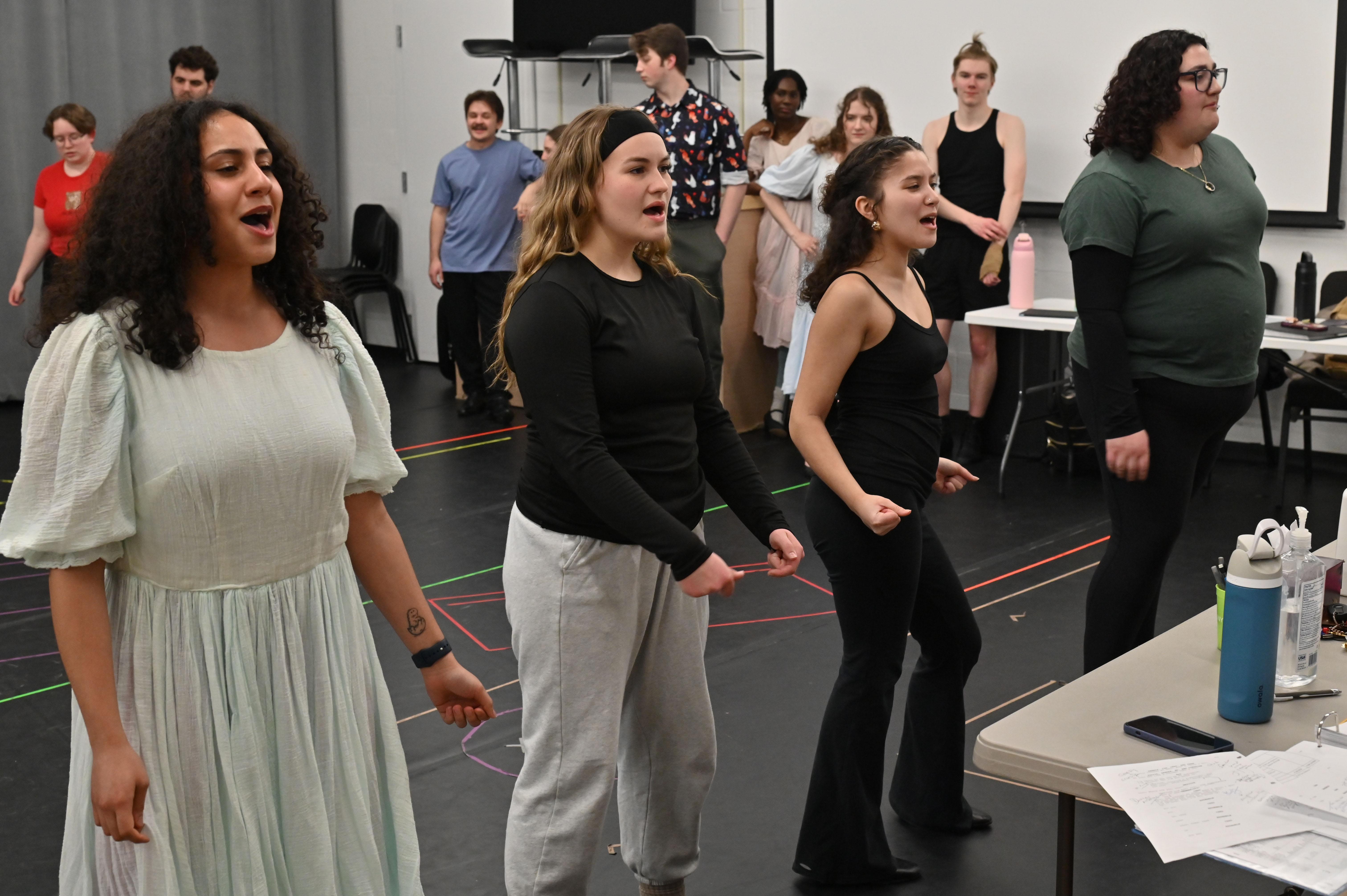 Cast members working on the upcoming SUNY Oswego production of "All Shook Up" include, from left, Chelli Lopez, Alexandra Hallam, Ariana Palmer and Faith Wilk