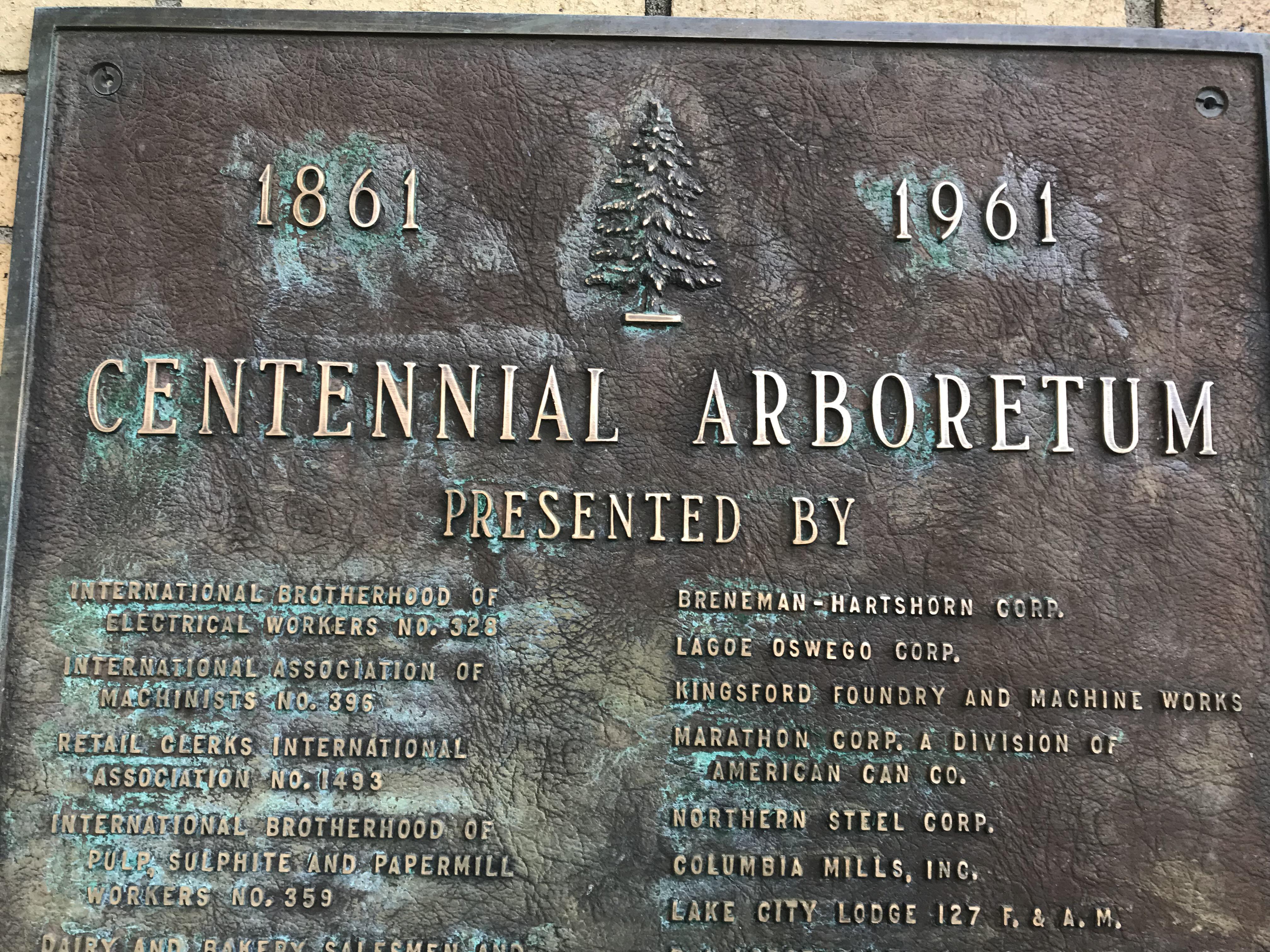 Plaque from Centennial Arboretum in 1961 thanking many supporters