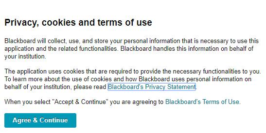 Privacy, cookies and terms of use: Blackboard will collect, use and store your personal information that is necessary to use this application and the related functionalities. See bottom of story for full alt text of image