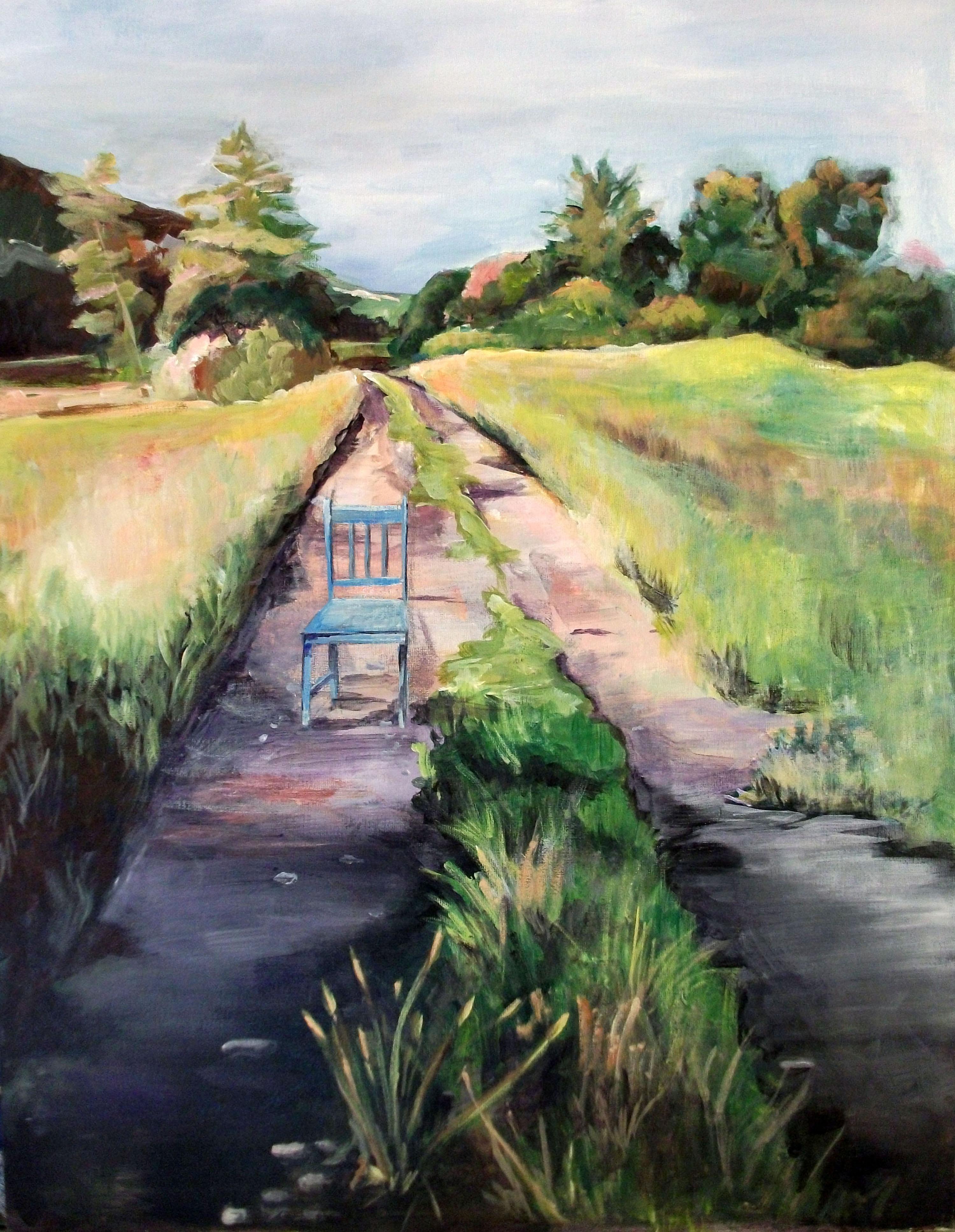 Painting showing ruts of a vehicle and a chair in a rural setting