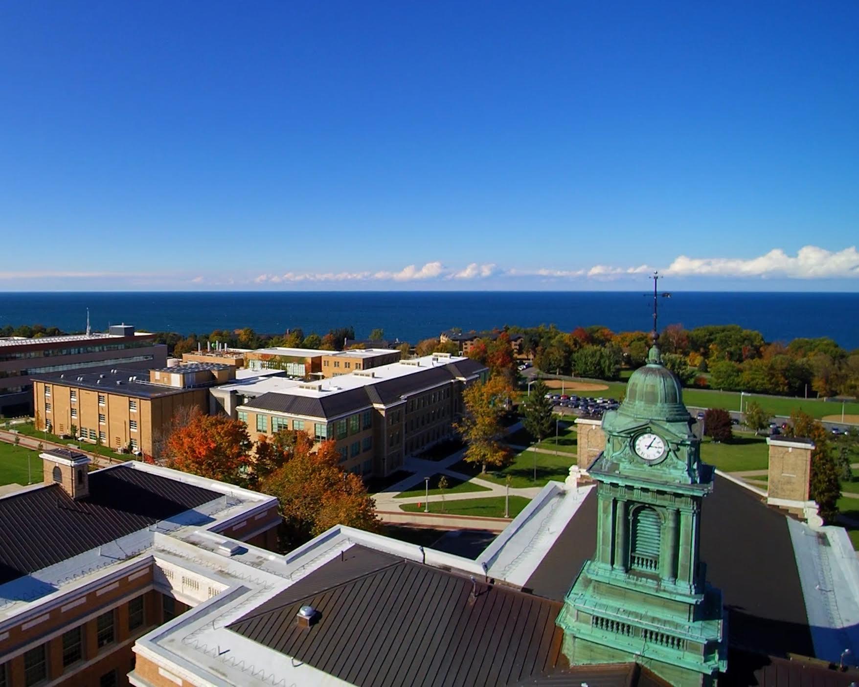 Aerial photo of SUNY Oswego campus overlooking Sheldon Hall