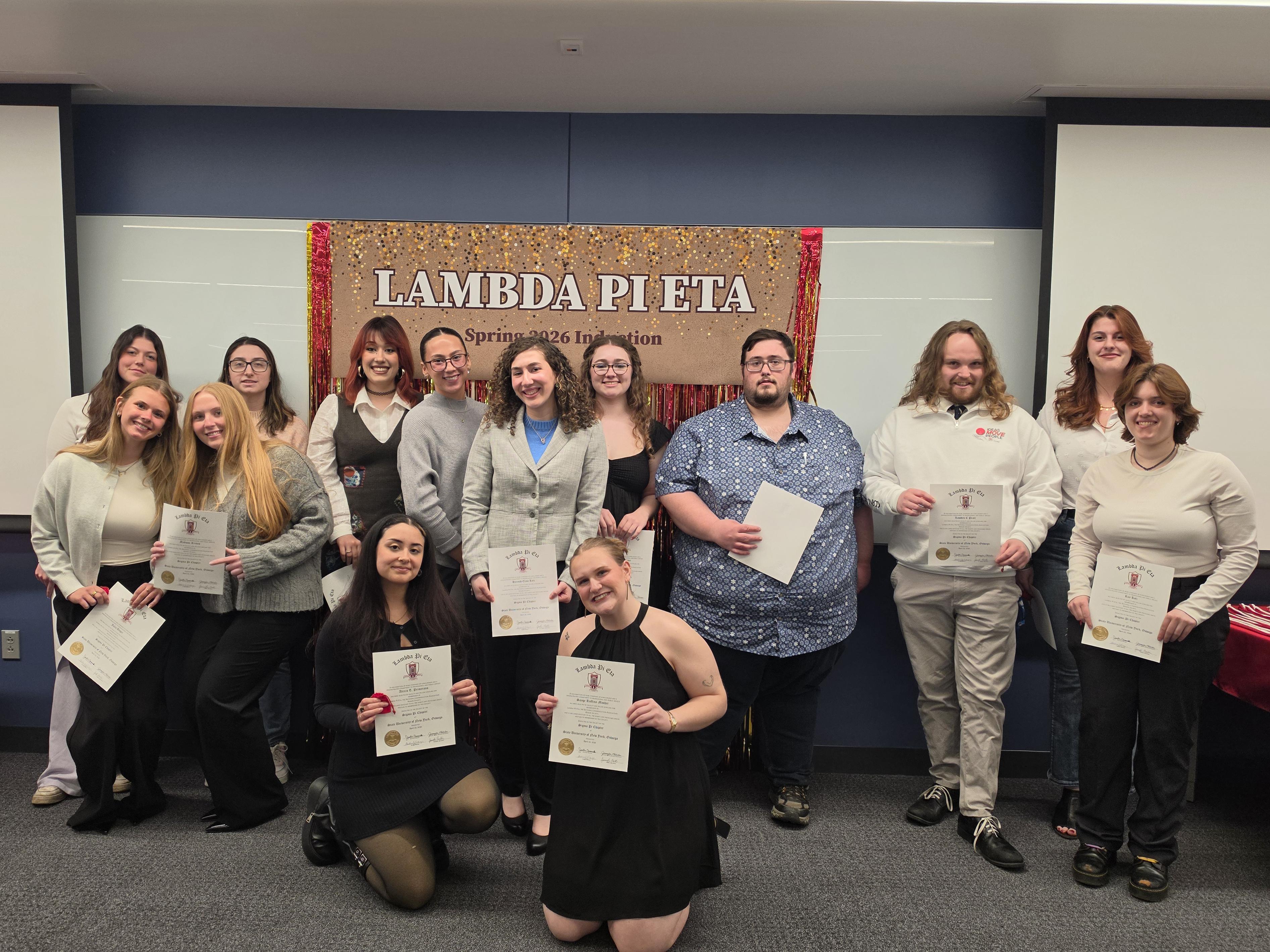 The Sigma Pi Chapter of Lambda Pi Eta, SUNY Oswego's National Communication Honor Society, held their annual Spring Induction Ceremony welcoming 26 new members on April 21 in Hewitt Hall.