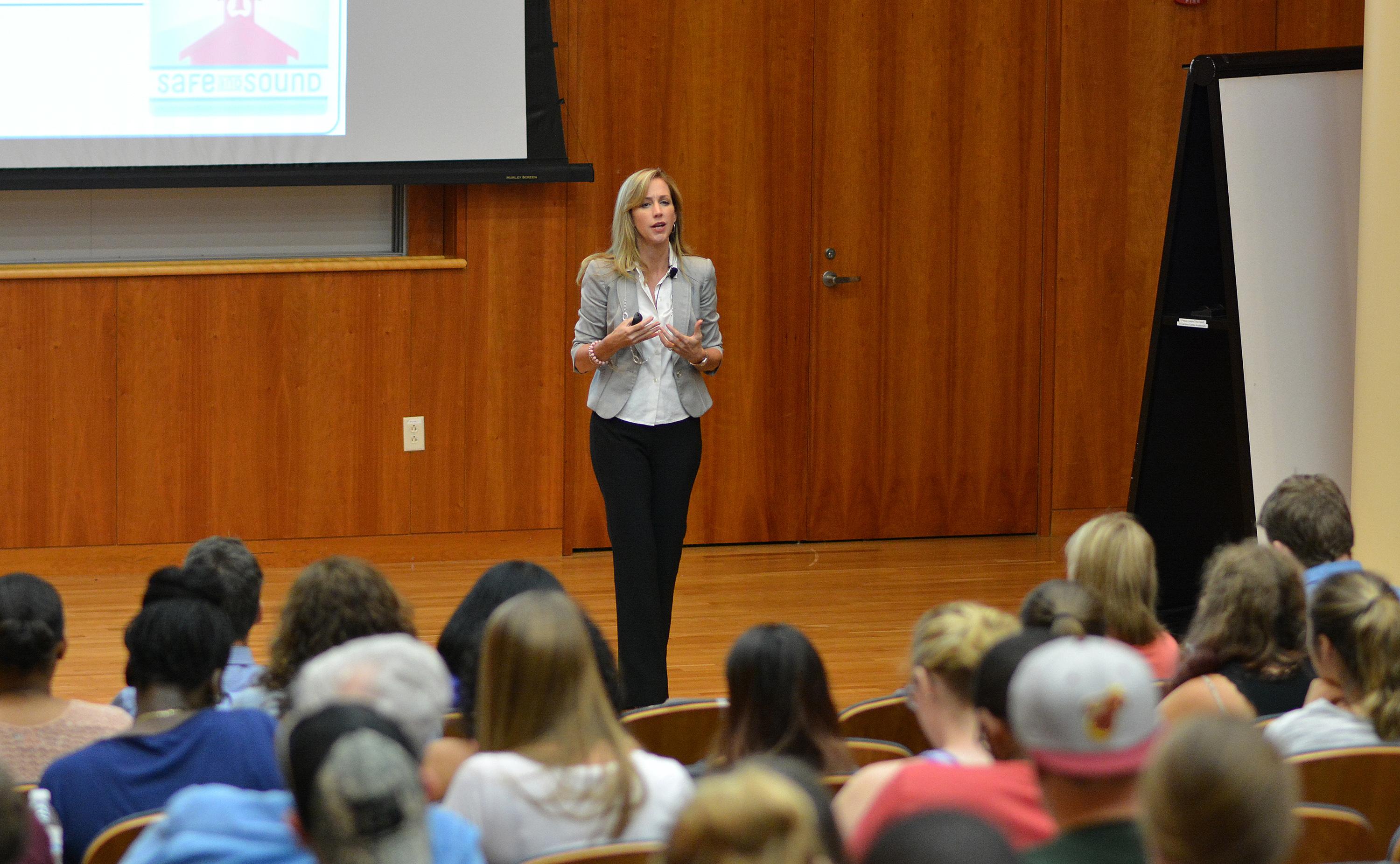 Michele Gay, who founded the non-profit Safe and Sound: Securing Our Schools, shown speaking on campus