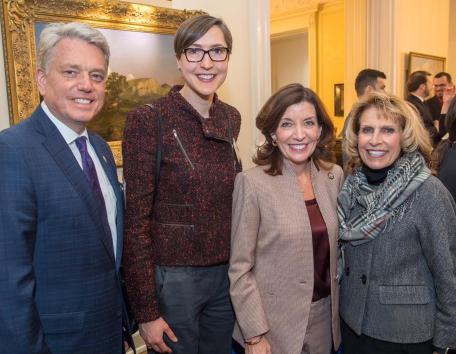 (Left to right) Brian Stratton, director of the New York State Canal Corporation; Kristi Eck, SUNY Oswego chief of staff; Lieutenant Governor Kathy Hochul; and SUNY Oswego President Deborah F. Stanley gather at a reception held in the Governor's Executive