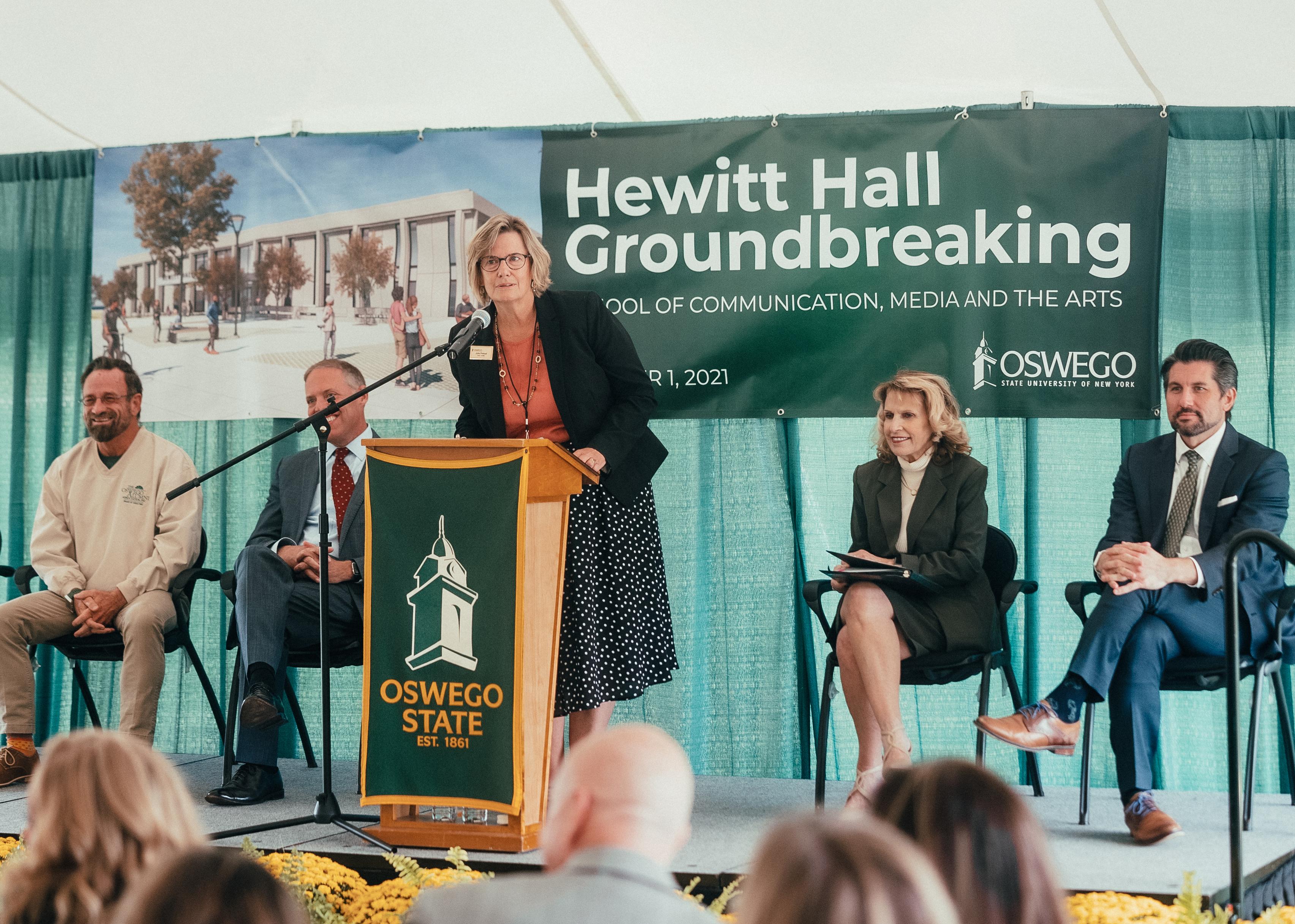 School of Communication, Media and the Arts Dean Julie Pretzat speaks at Hewitt groundbreaking