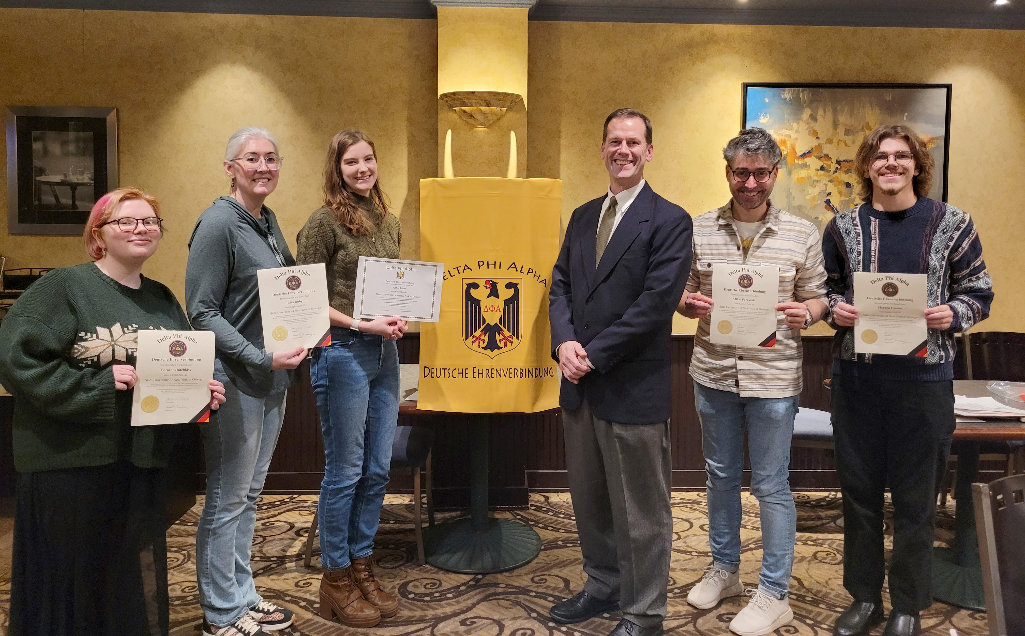 From left are students Corinne Hotchkiss and Liza Ruby; Ruthie Taber; faculty members Patrick Schultz and Mihai Paraschiv; and student Hayden Combs.
