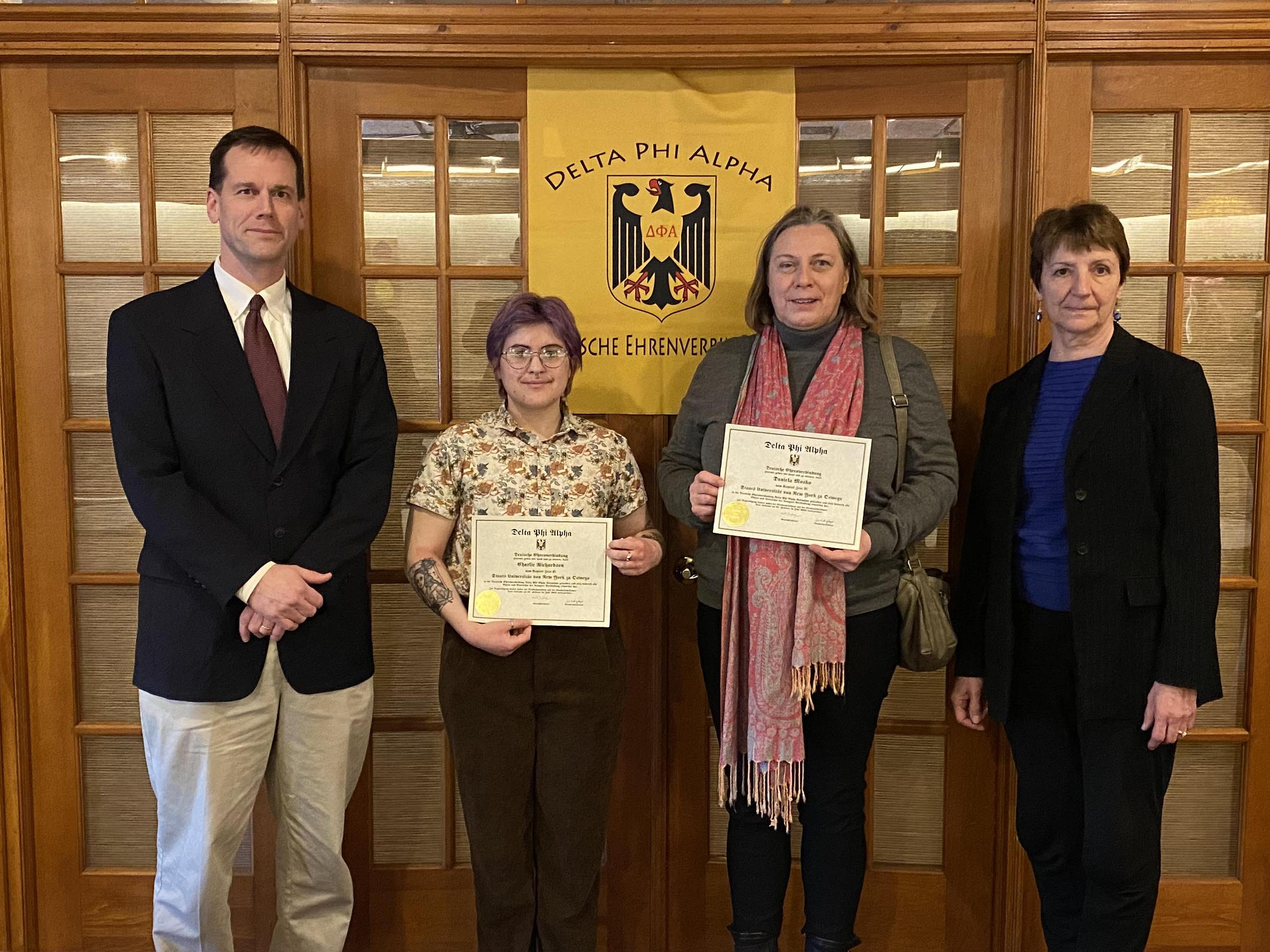 From left are modern languages and literatures faculty member Patrick Schultz, student honoree Charlie Richardson, staff honoree Daniela Mosko and modern languages and literatures faculty member Ana Djukic-Cocks.