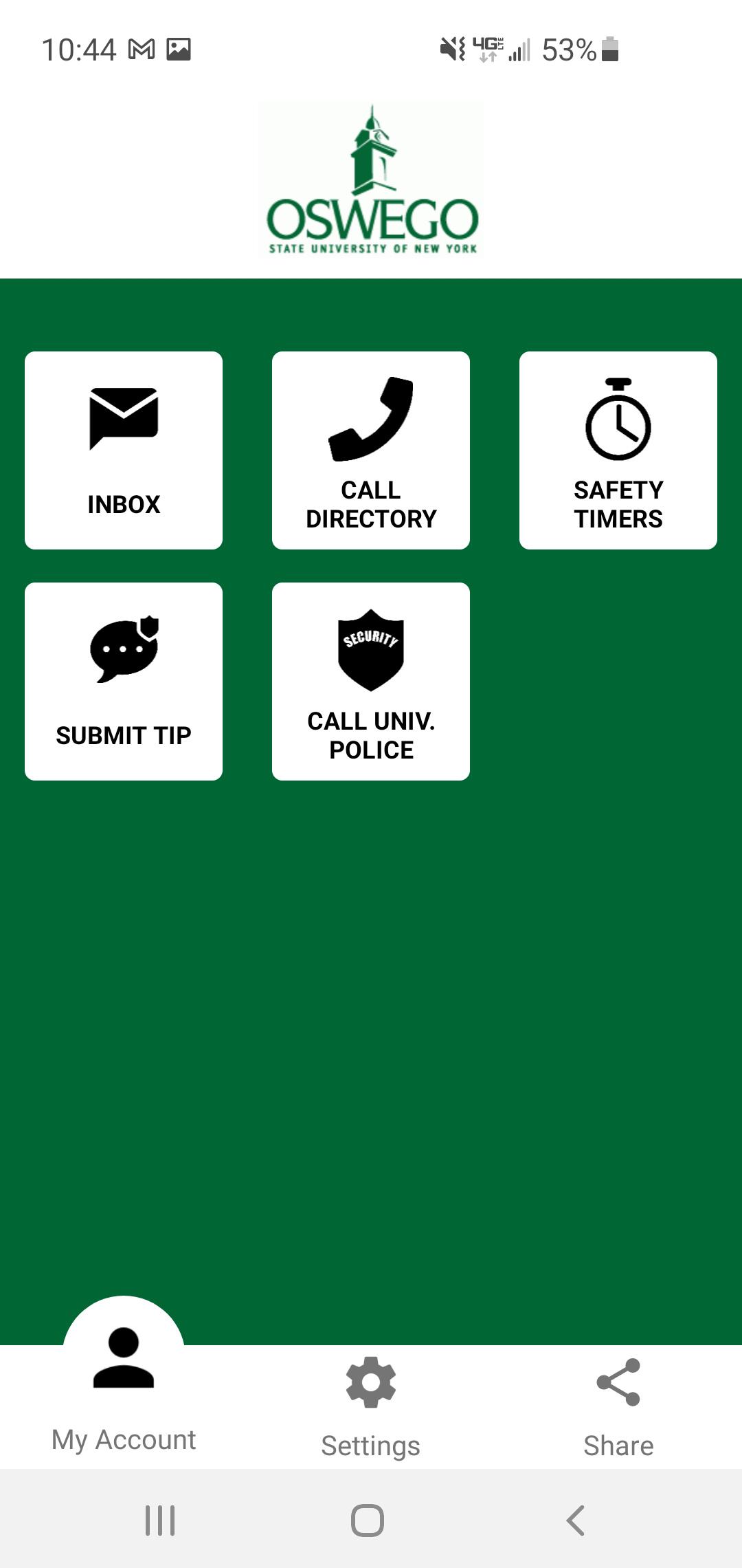 The Oswego Guardian app includes such options as an inbox, call directory, safety timer, tip submission and ability to contact University Police