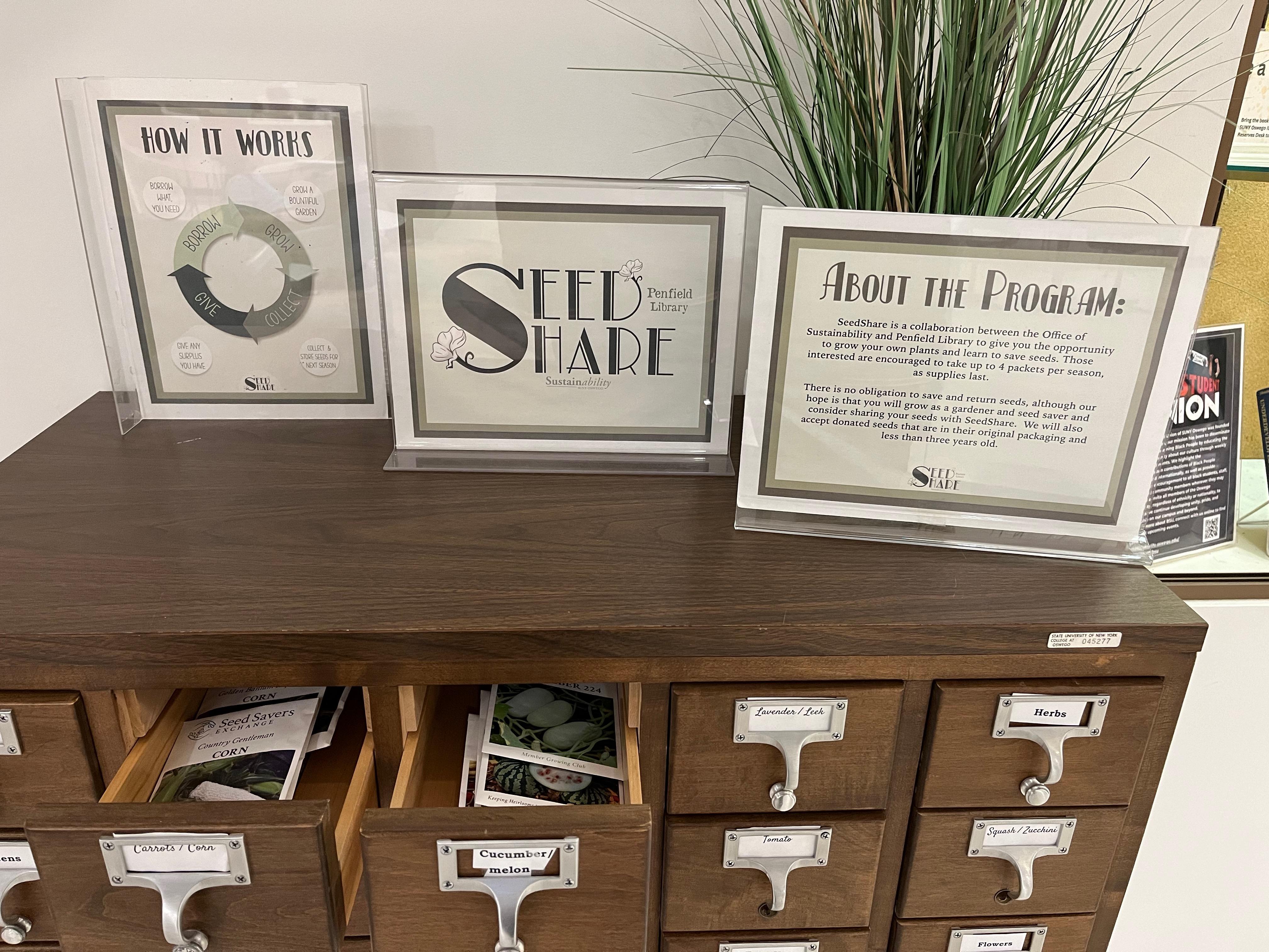 SeedShare signs and drawers filled with seeds