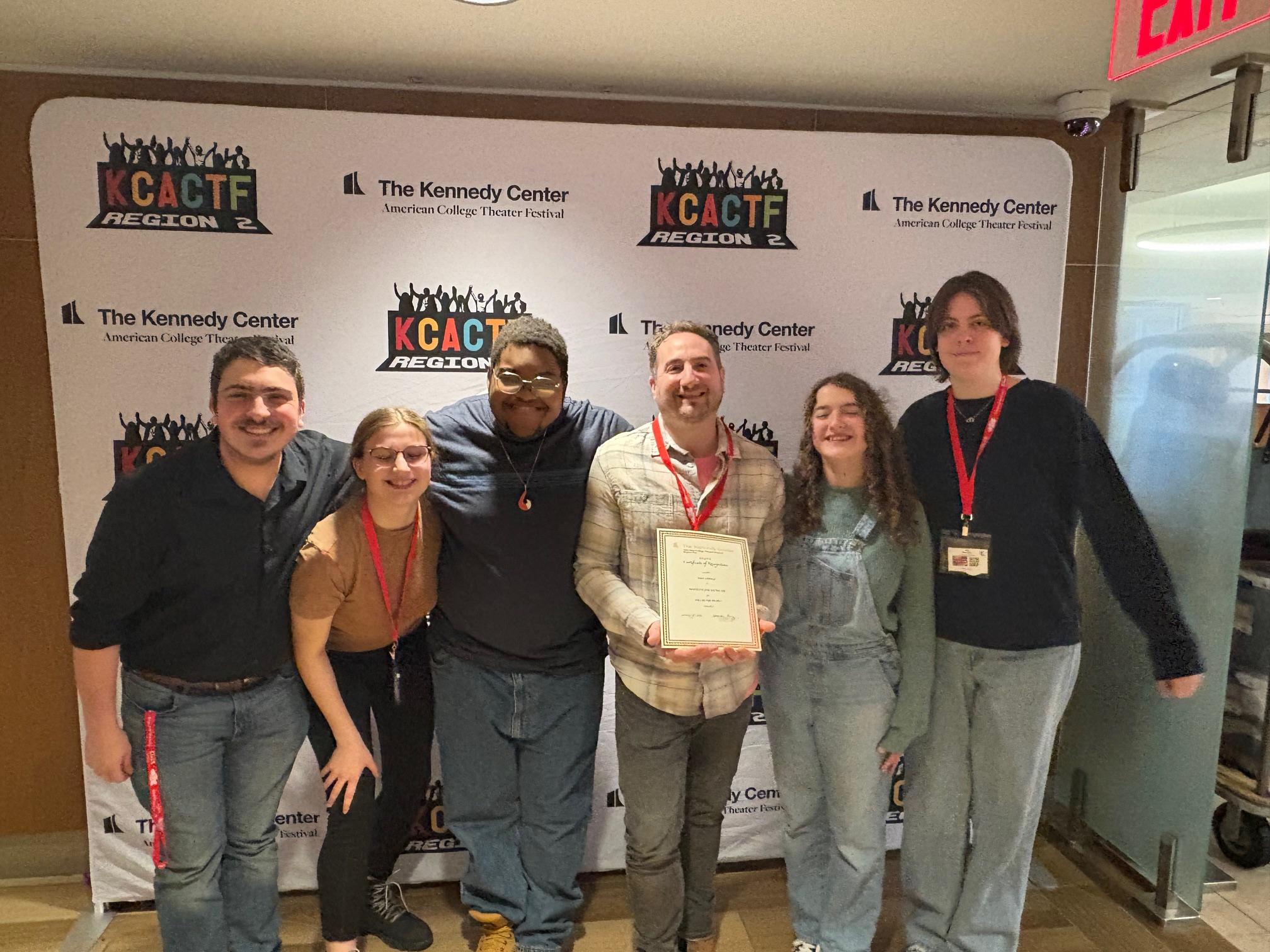 SUNY Oswego students and Oswego professor Steven Mazzocone at the 2025 Kennedy Center American College Theater Festival (KCACTF)
