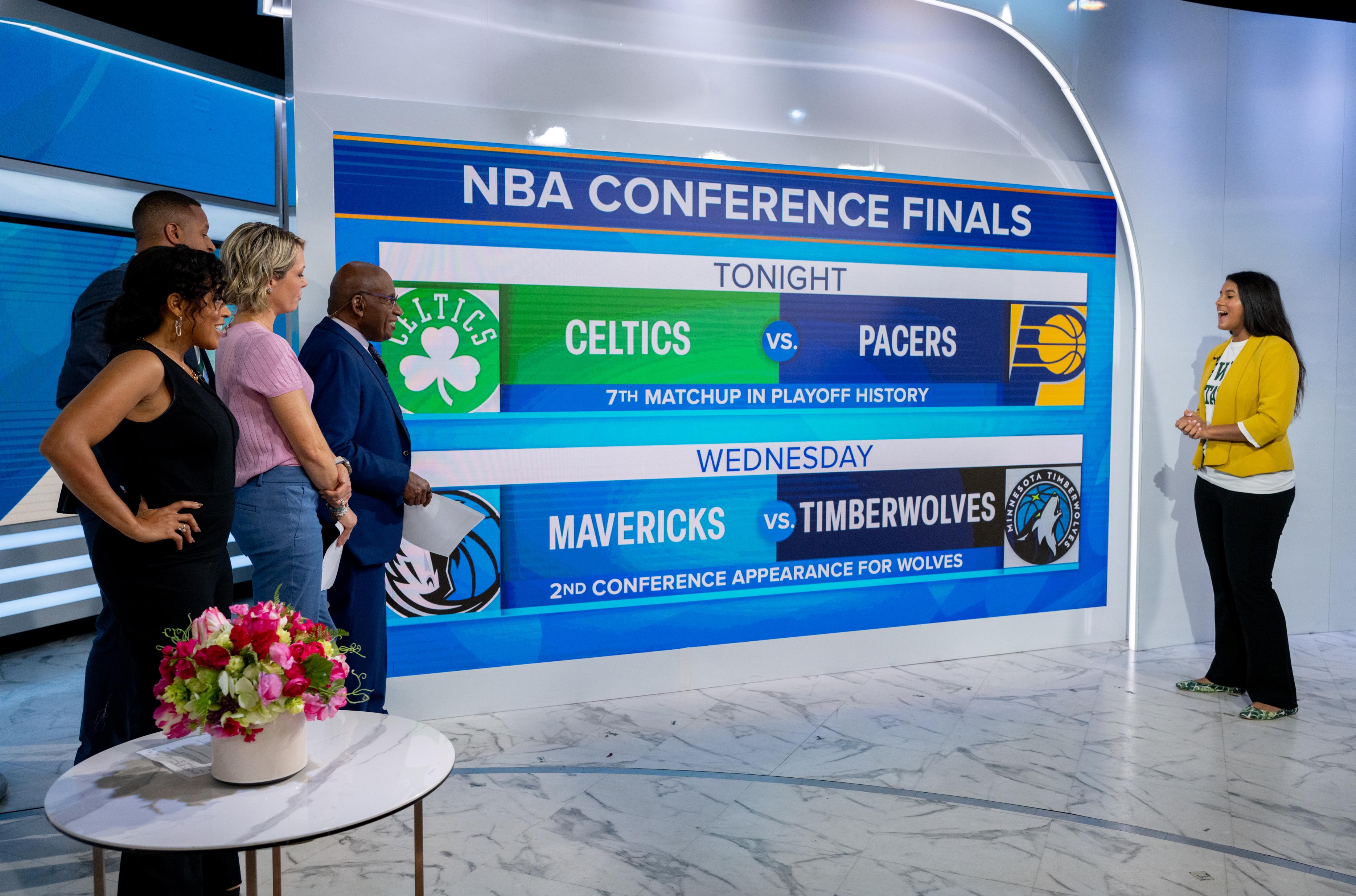 2024 SUNY Oswego graduate Jolie Santiago (at right) delivers sports analysis live on NBC's "Today" show as the anchors look on and interact