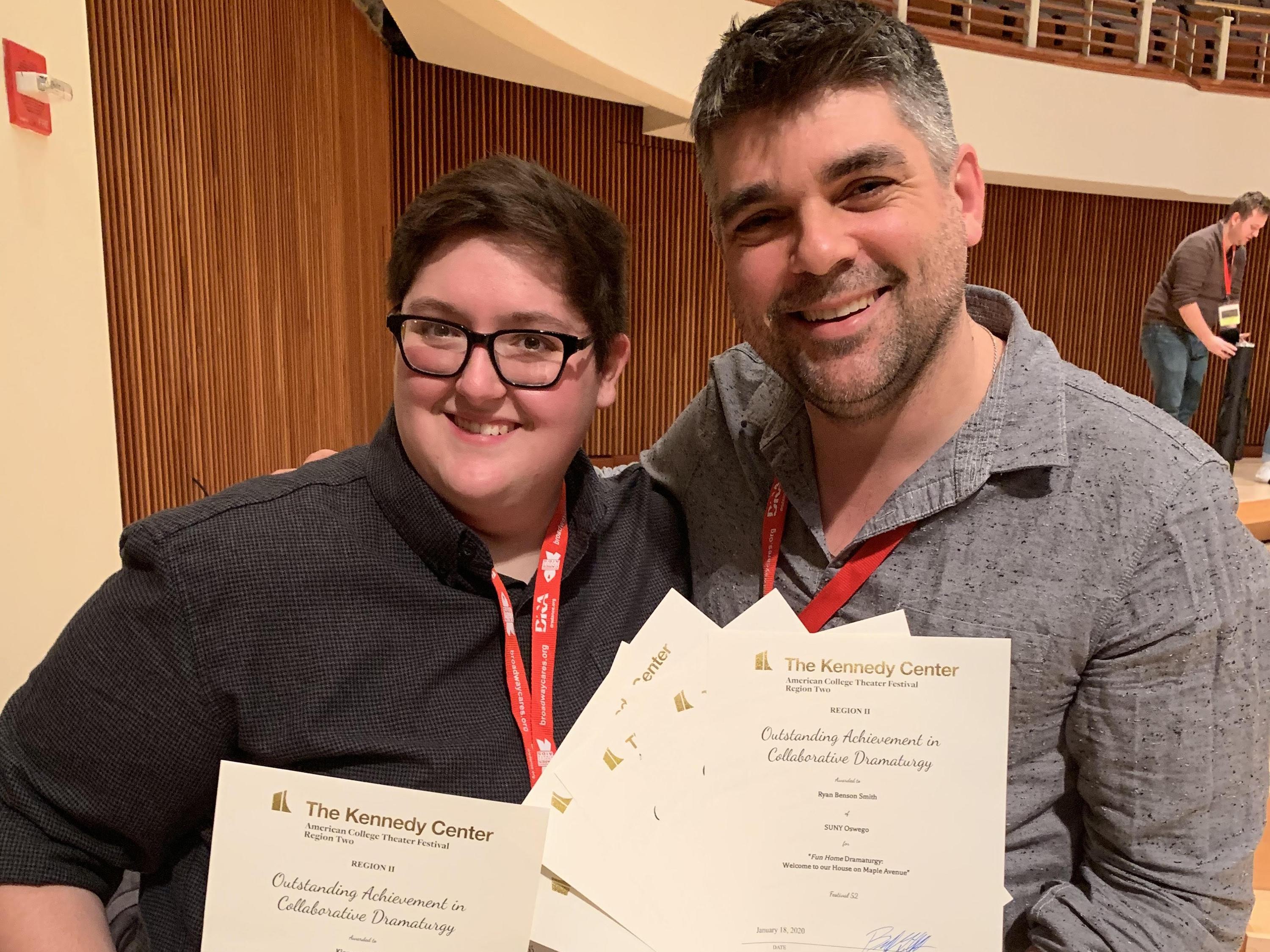 Student and faculty member accepting regional theatre award