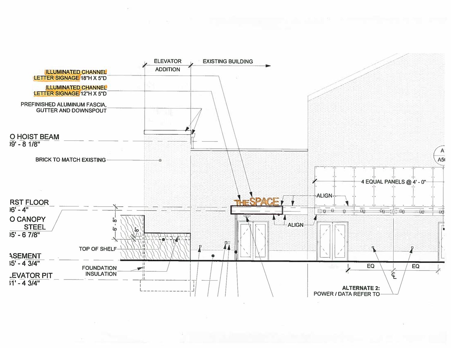 Student Activity Center project signage location and scale drawing