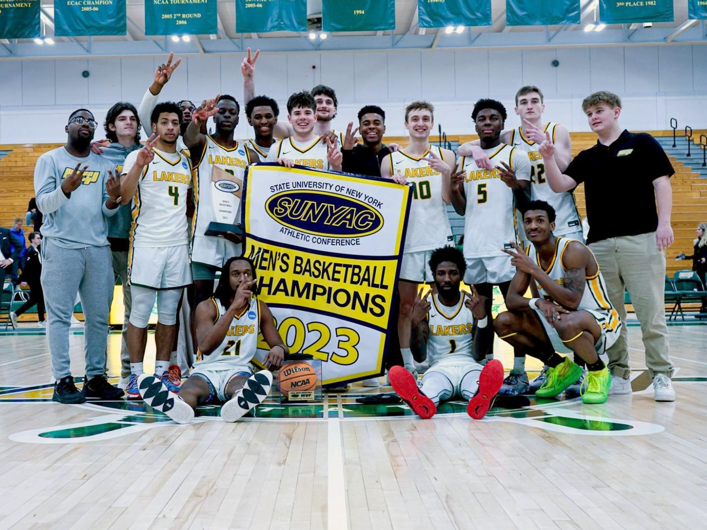 The Oswego men's basketball team celebrates another SUNYAC Tournament title