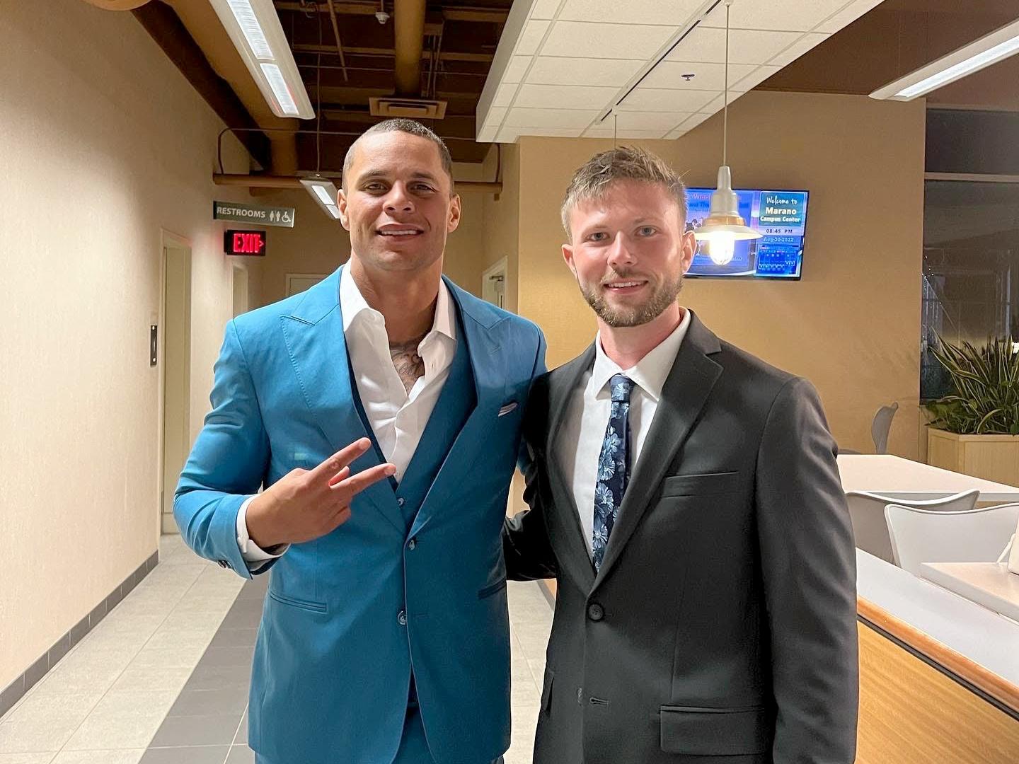 Visiting NFL star and mental health advocate Jordan Poyer with Caleb Munski