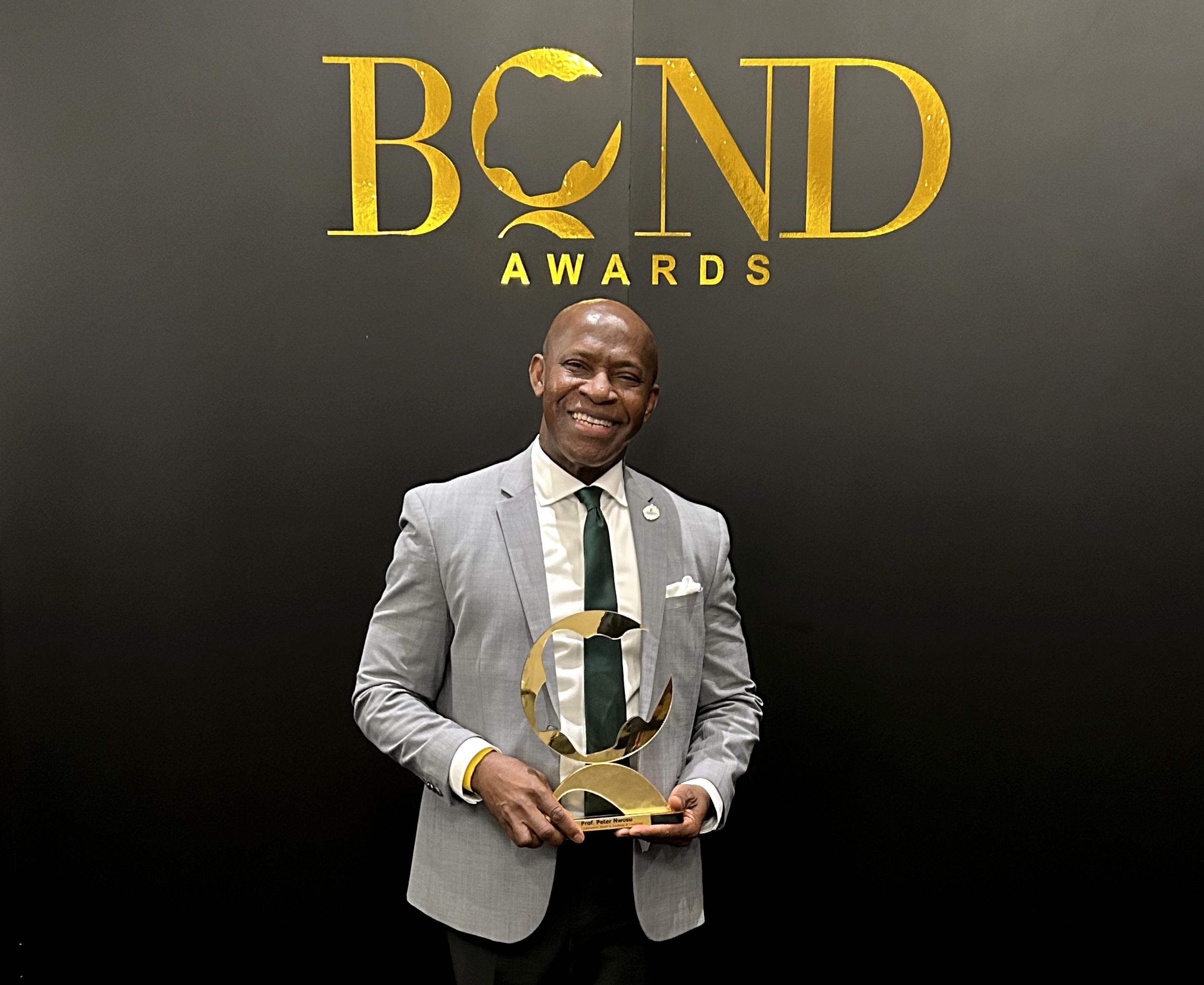 SUNY Oswego President Peter O. Nwosu was honored with Lifetime Achievement Award in Academia and Leadership at the annual BOND Awards in Mississauga, Canada, on Friday, Sept. 12, 2025. 