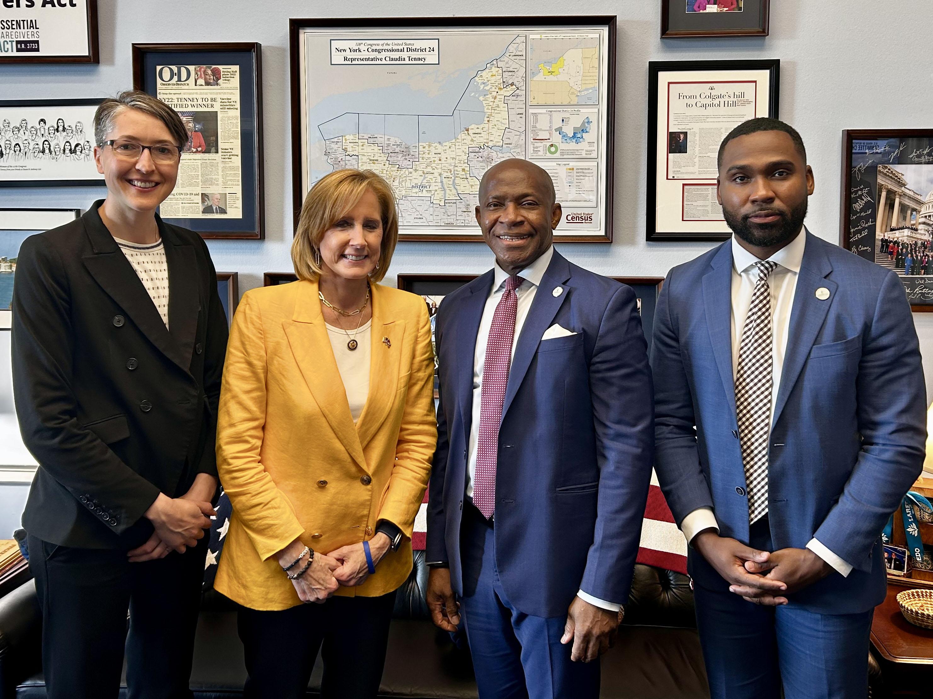 President Peter O. Nwosu with Congresswoman Claudia Tenney and others to discuss investments in research and innovation, student success, social mobility and related topics