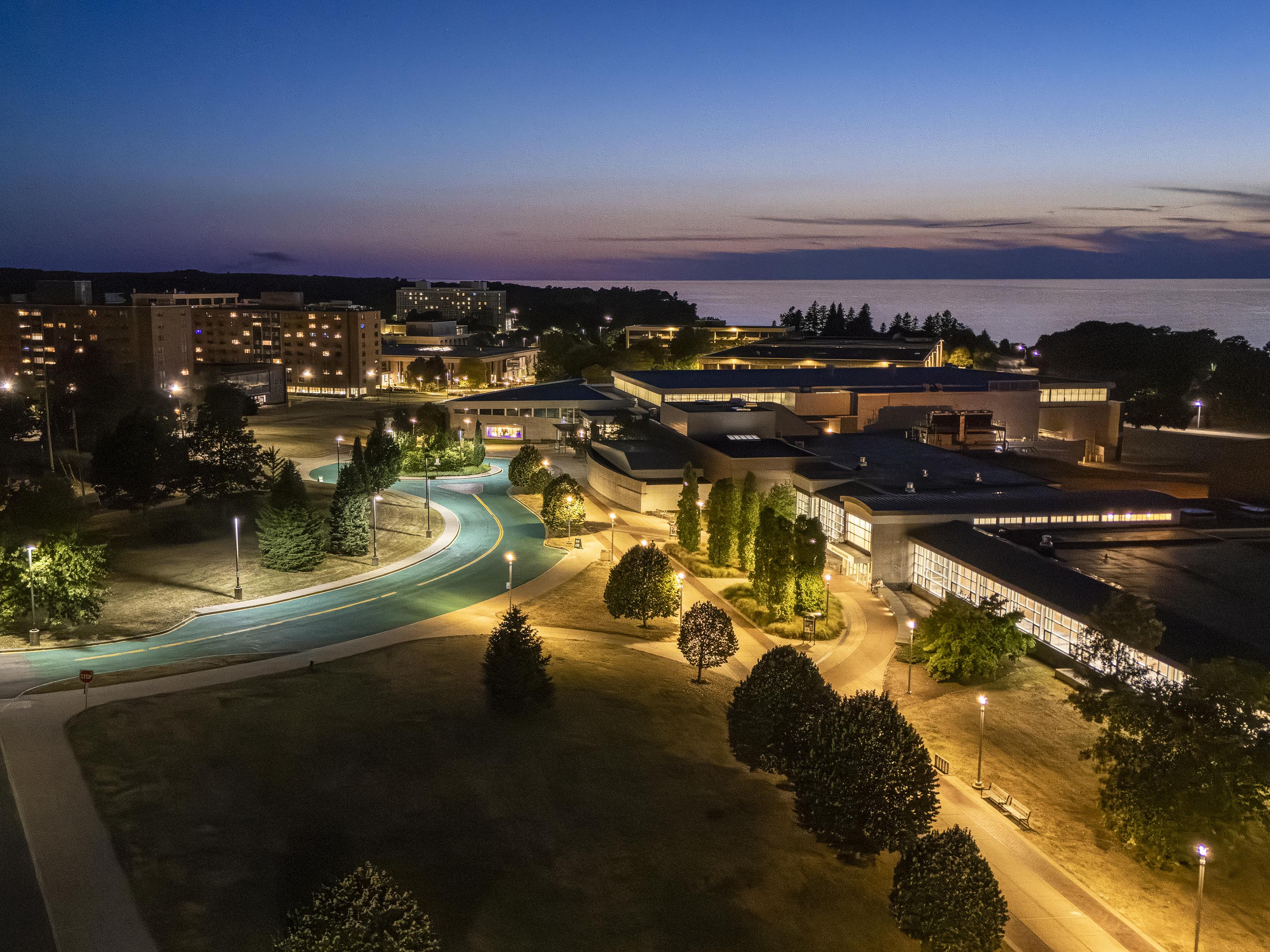 Aerial view of campus at night