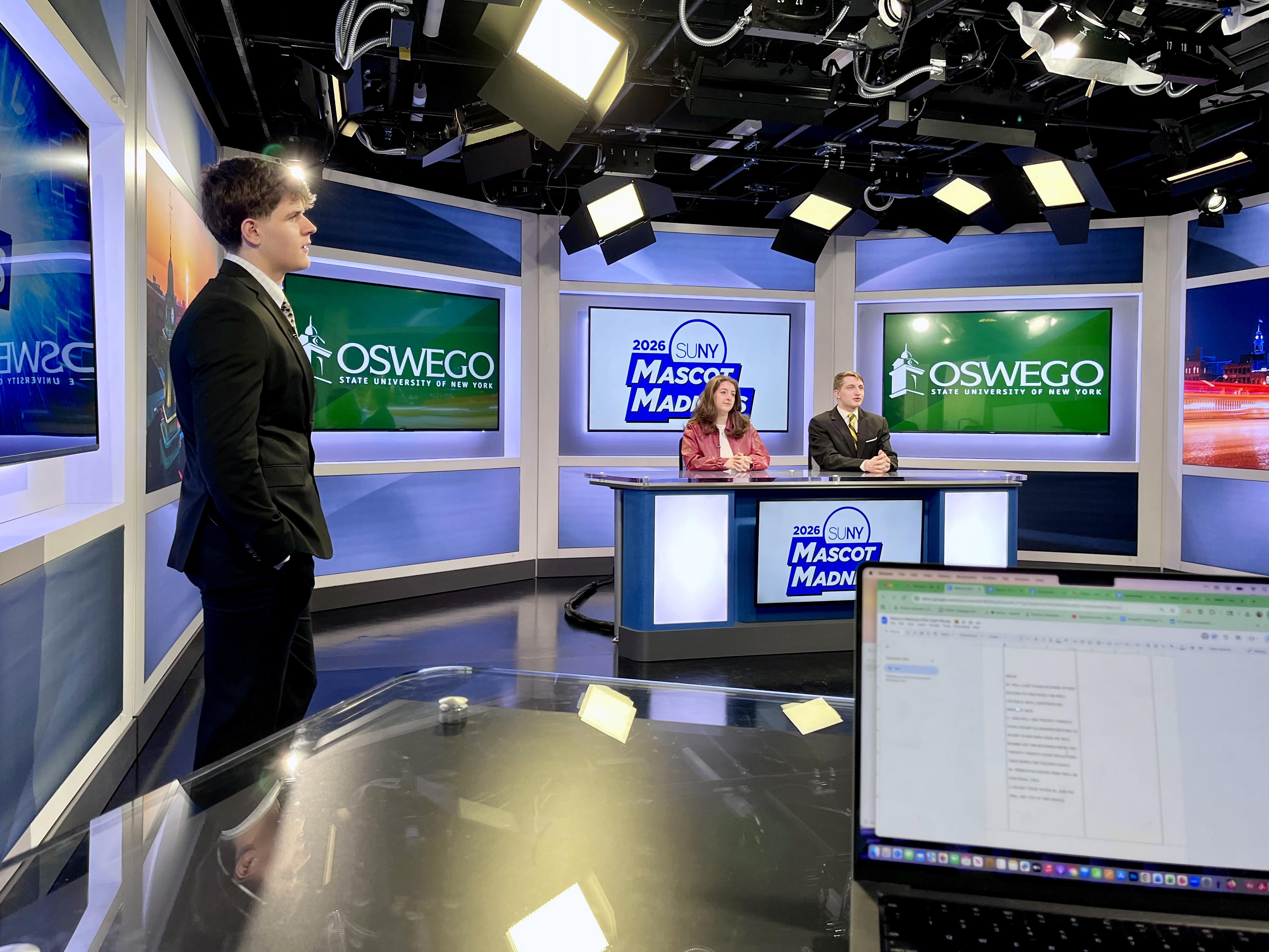 SUNY Oswego broadcasting students prepare to film an episode of their SUNY Mascot Madness recap show