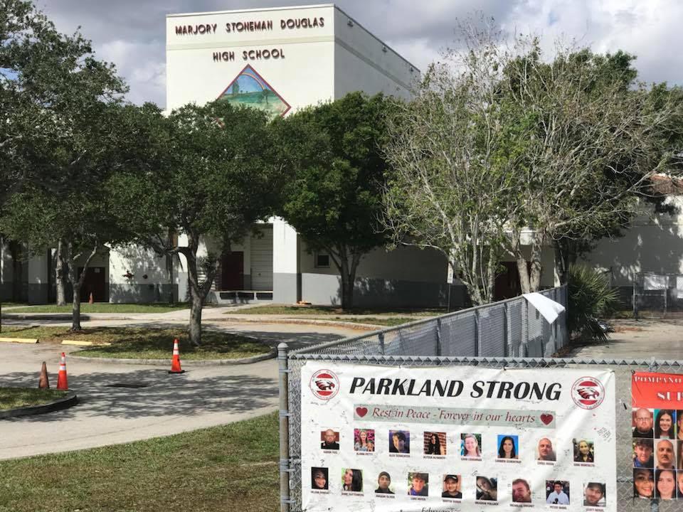 A memorial in front of Marjory Stoneman Douglas High School in Parkland, Florida