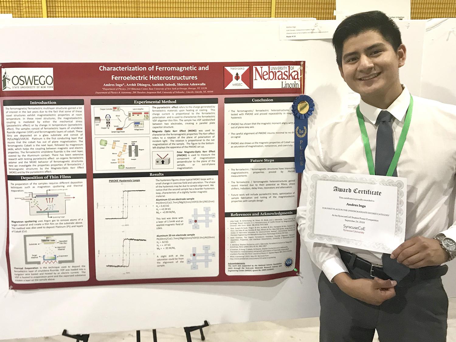 Andres Inga earned first place at the Syracuse Center of Excellence for his poster presentation